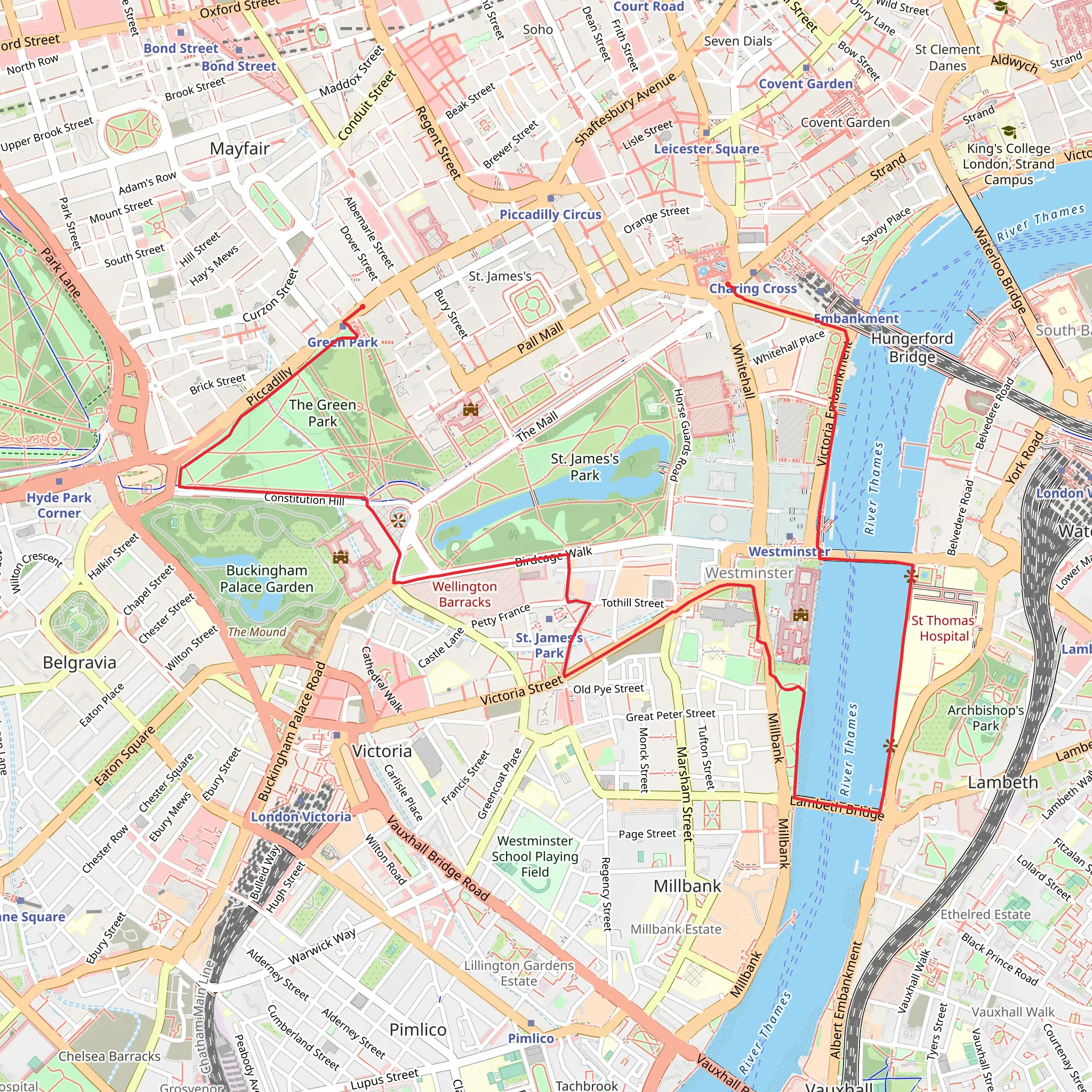 Green Park to Trafalgar Square via Lambeth Bridge mobile static map