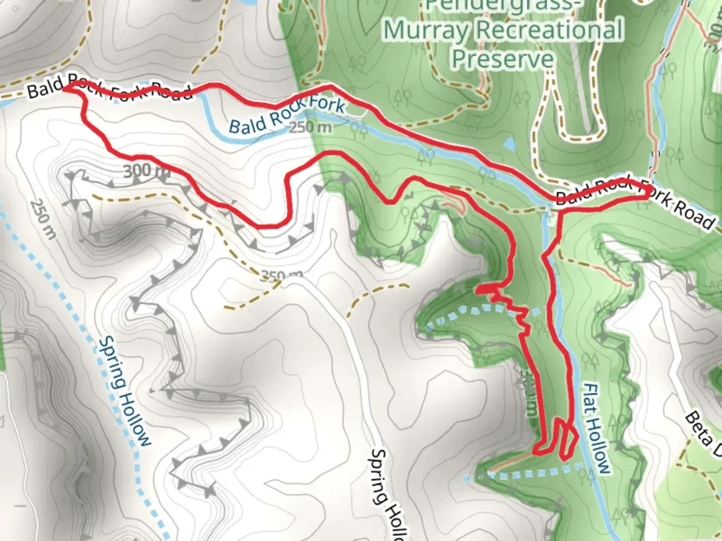 An image depicting the trail Flat Hollow Connector and Bald Rock Fork Road Loop and its surrounding area.