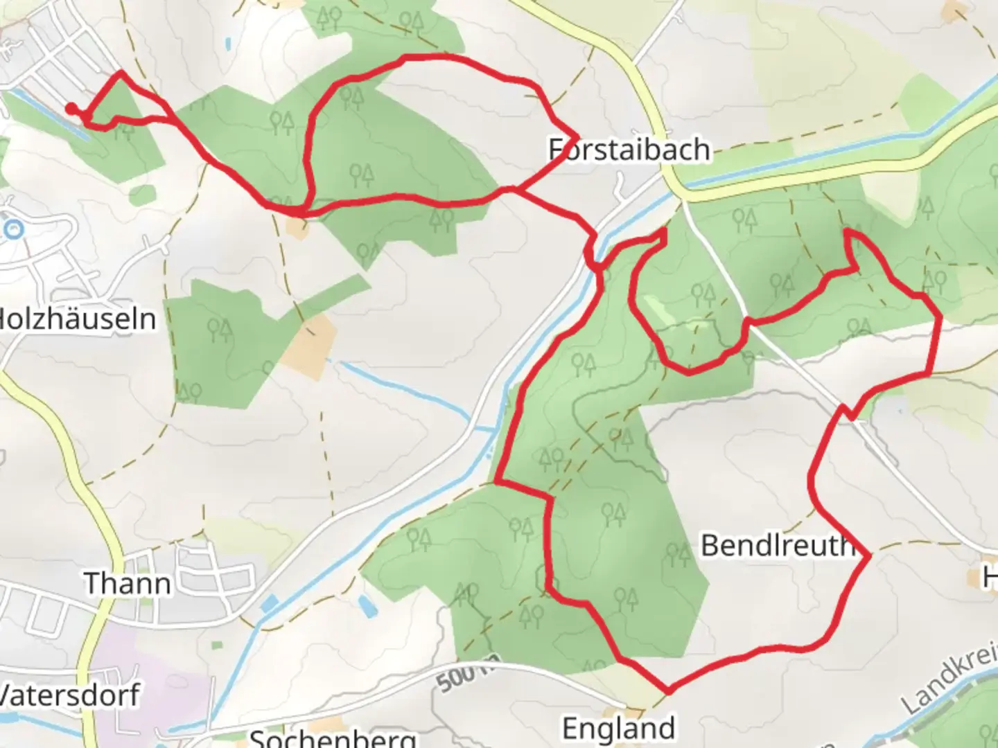 An image depicting the trail Holz-Haeuseln Loop and its surrounding area.