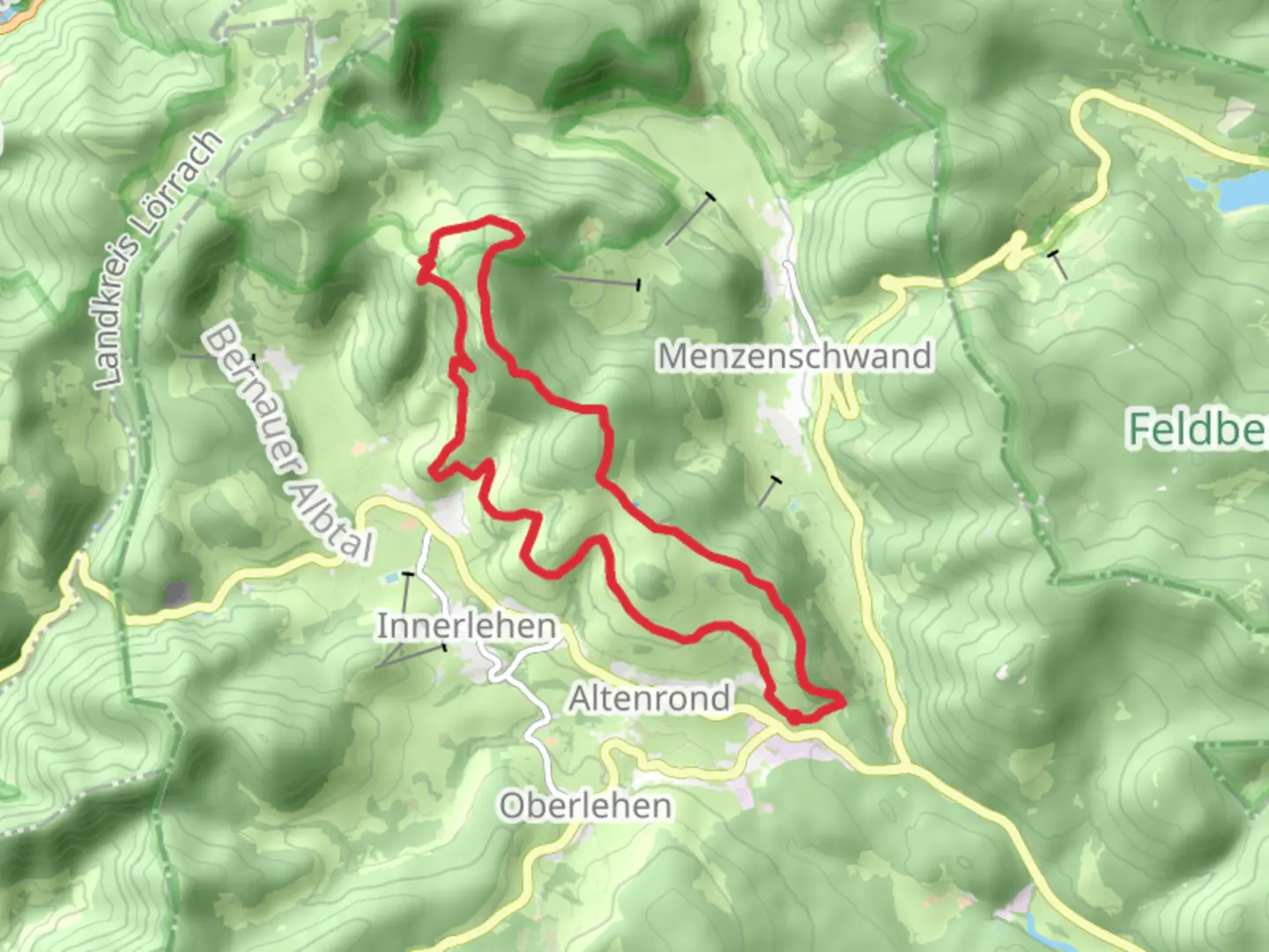 An image depicting the trail Hohfelsen and Spiebhorn Loop and its surrounding area.