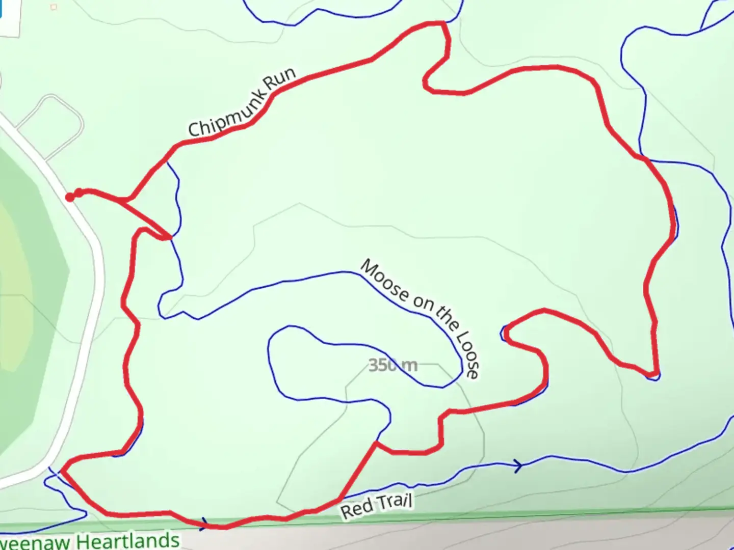 An image depicting the trail Chipmunk Run, Red and Moose on the Loose Loop and its surrounding area.