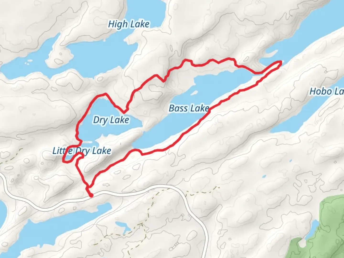 An image depicting the trail Bass Lake and Dry Lake Loop and its surrounding area.
