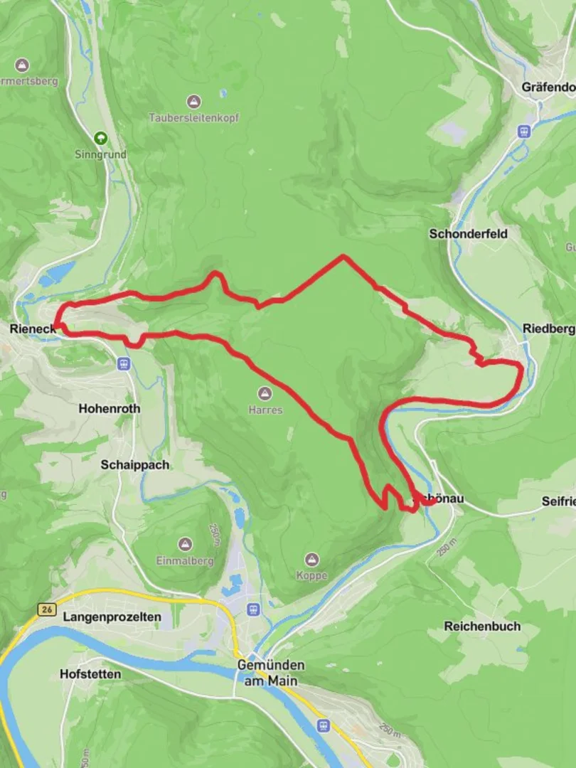 An image depicting the trail Rieneck and Wolfsmunster Loop via Kloster Schonau and its surrounding area.
