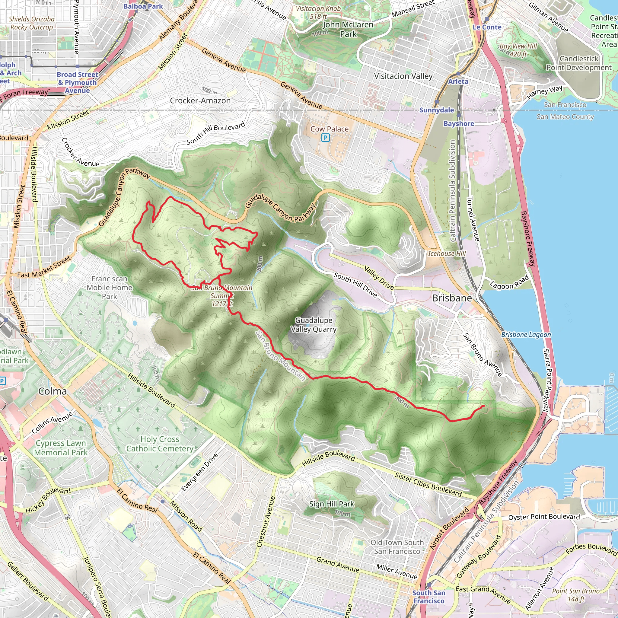 San Bruno Mountain, Ridge and Summit Loop Trail mobile static map