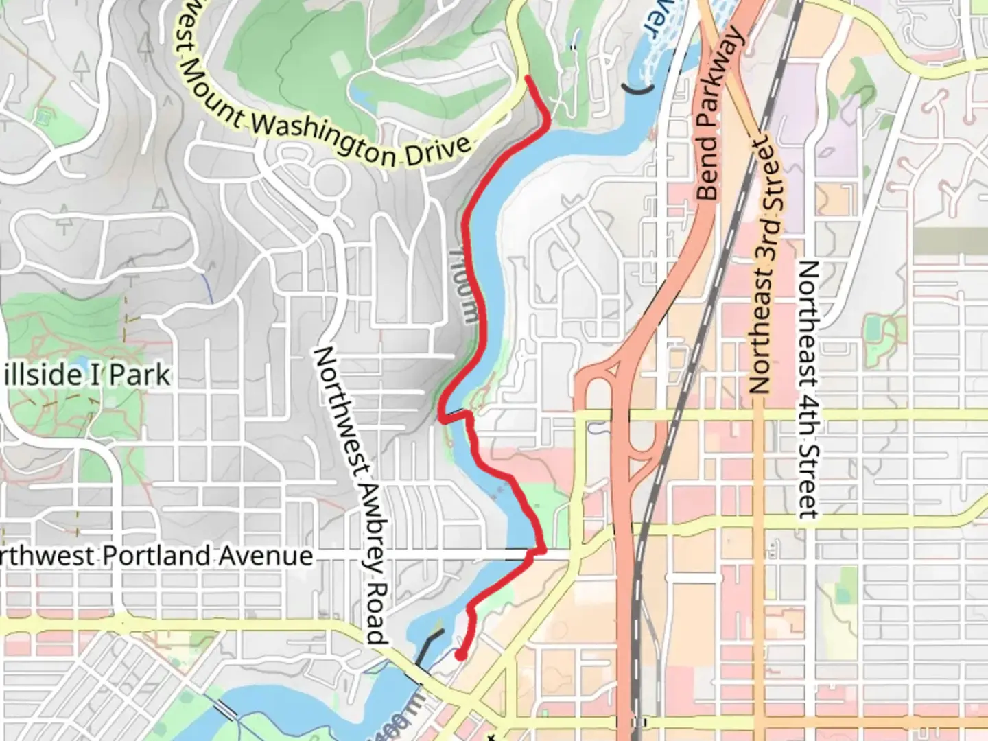 An image depicting the trail Deschutes River Trail and First Street Rapids Park and its surrounding area.