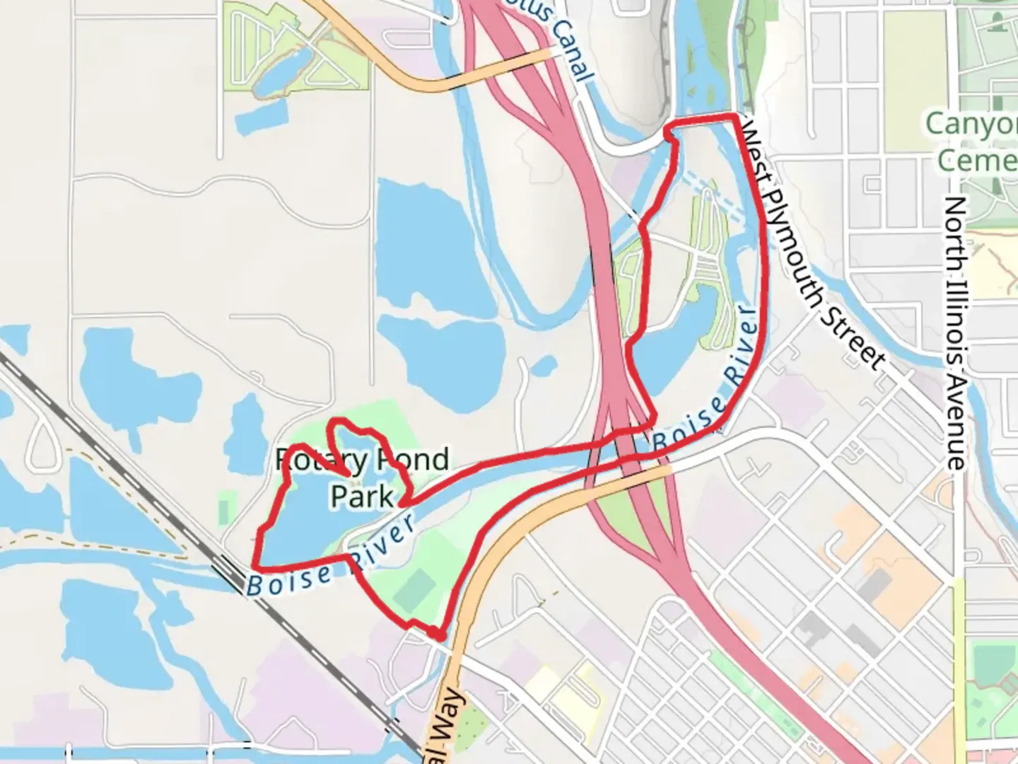 An image depicting the trail Rotary Pond, Boise Pond and Riverside Canal Loop and its surrounding area.