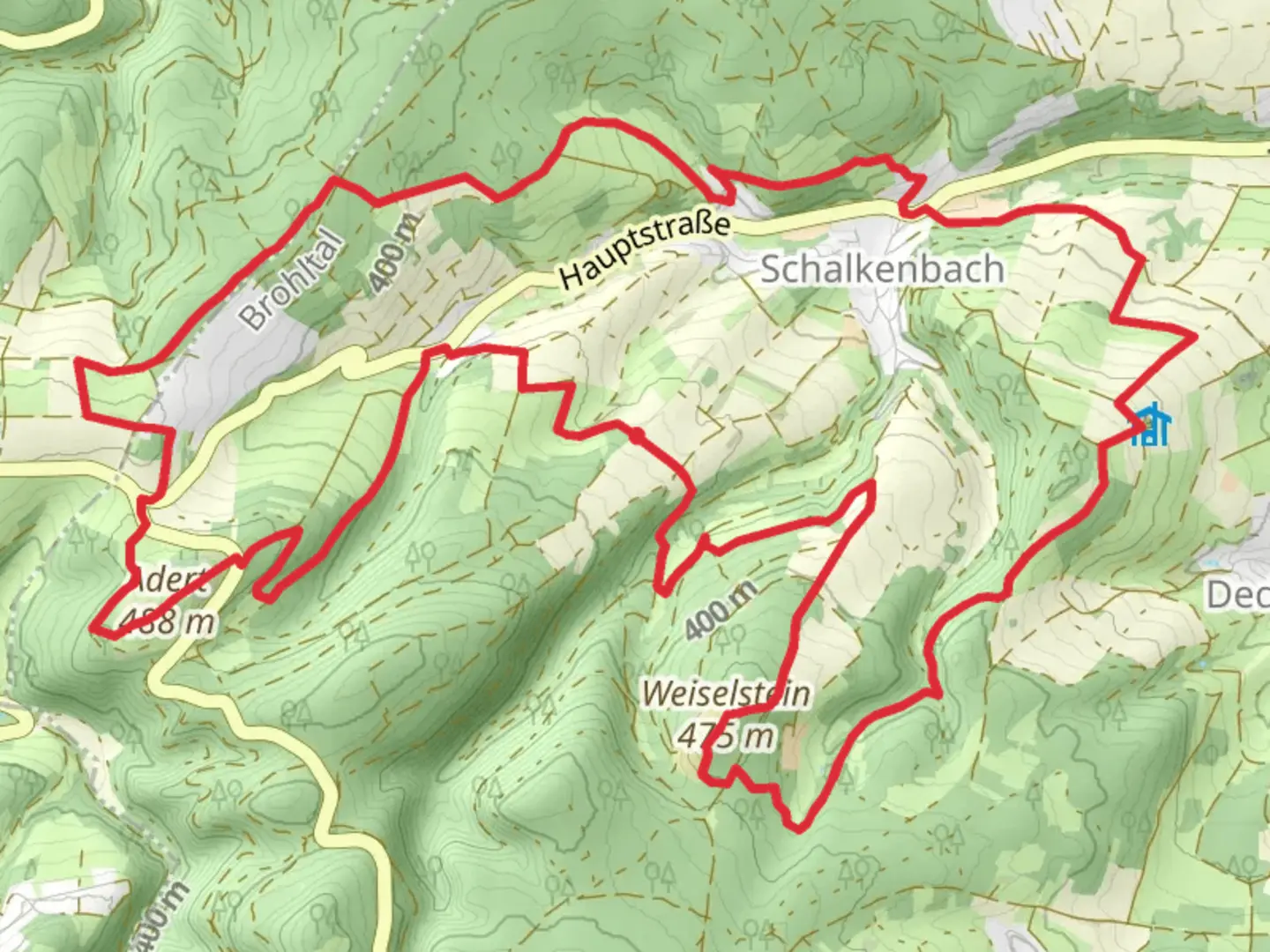 An image depicting the trail Schalkenbach Loop via Weiselstein and Adert and its surrounding area.