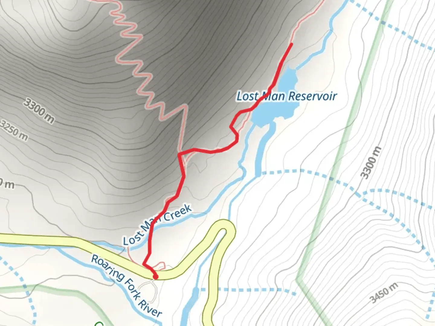 An image depicting the trail Lost Man Reservoir and its surrounding area.