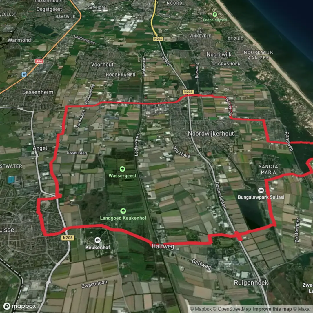 An image depicting the trail Oosterduinse, Keukenhofbosch and Aardbeiebdel Loop and its surrounding area.