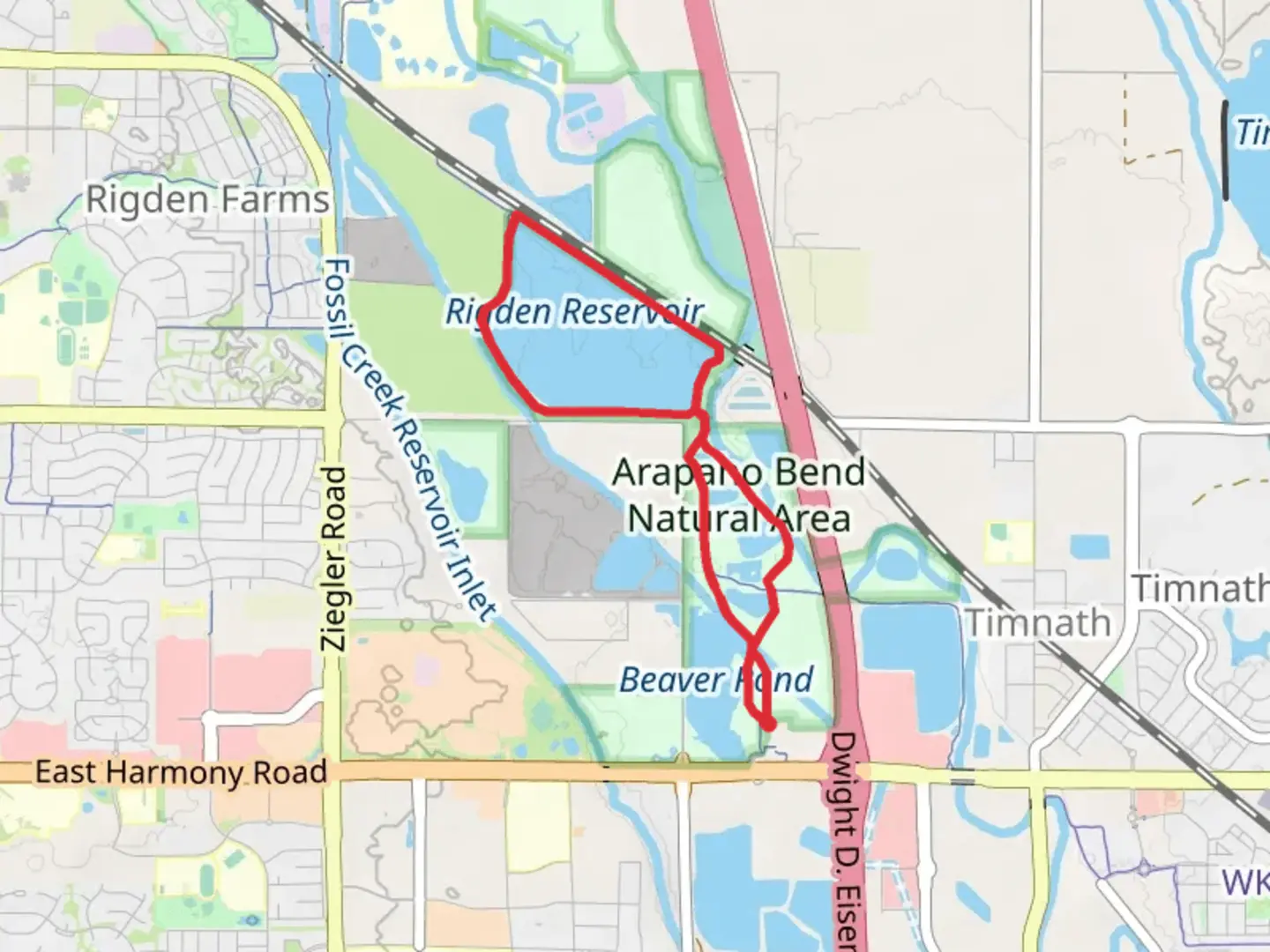 An image depicting the trail Rigden Reservoir and Ponds Loop and its surrounding area.