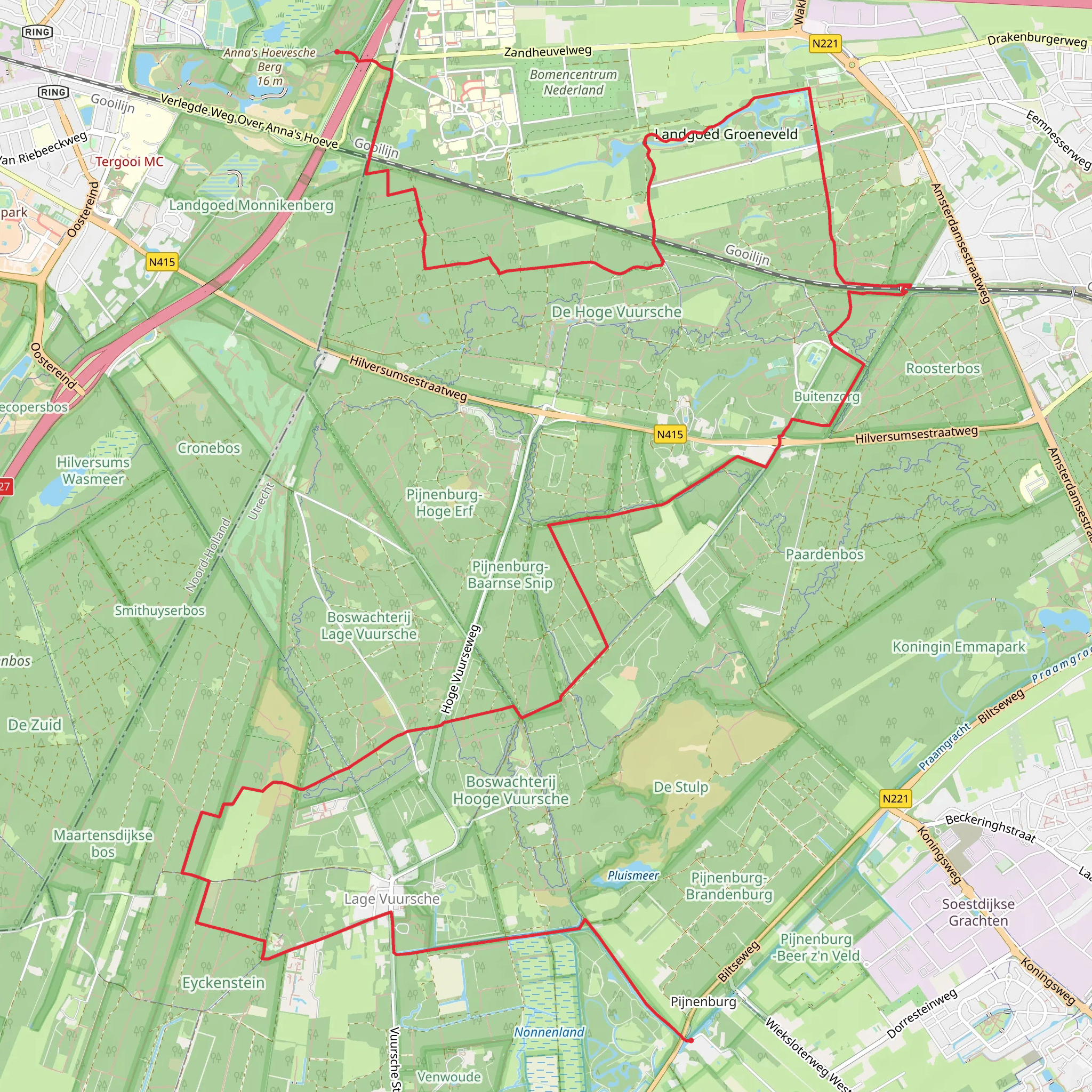 Hilversum to Pijnenburg via Kasteel Groeneveld and Maartensdijksche mobile static map