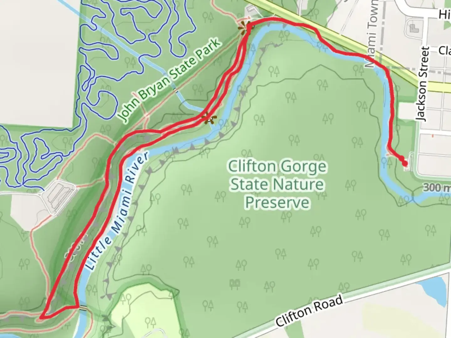 An image depicting the trail Little Miami River via Orton Memorial Trail Loop and its surrounding area.