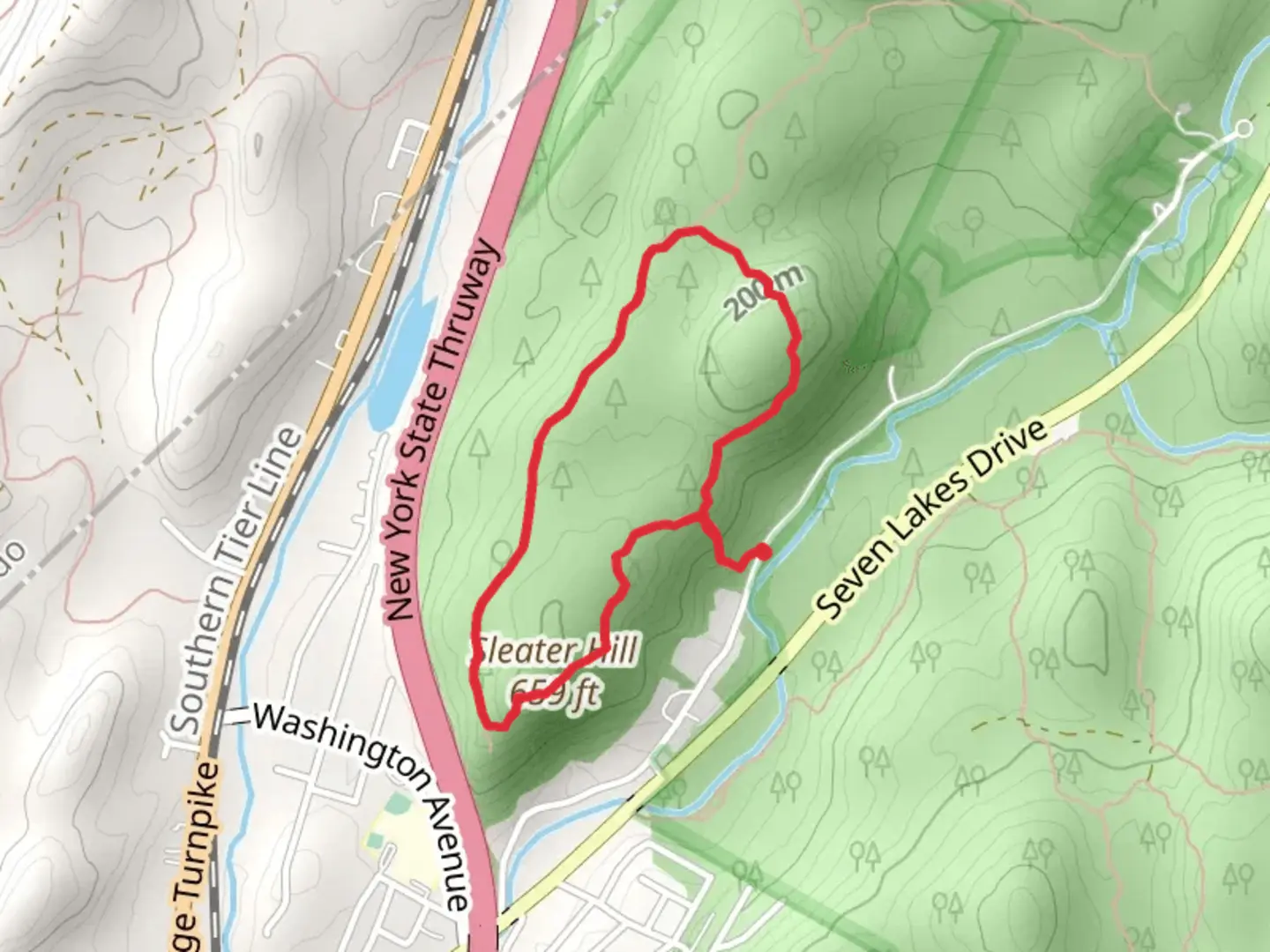 An image depicting the trail Sleater Hill Loop via Orange Trail and its surrounding area.