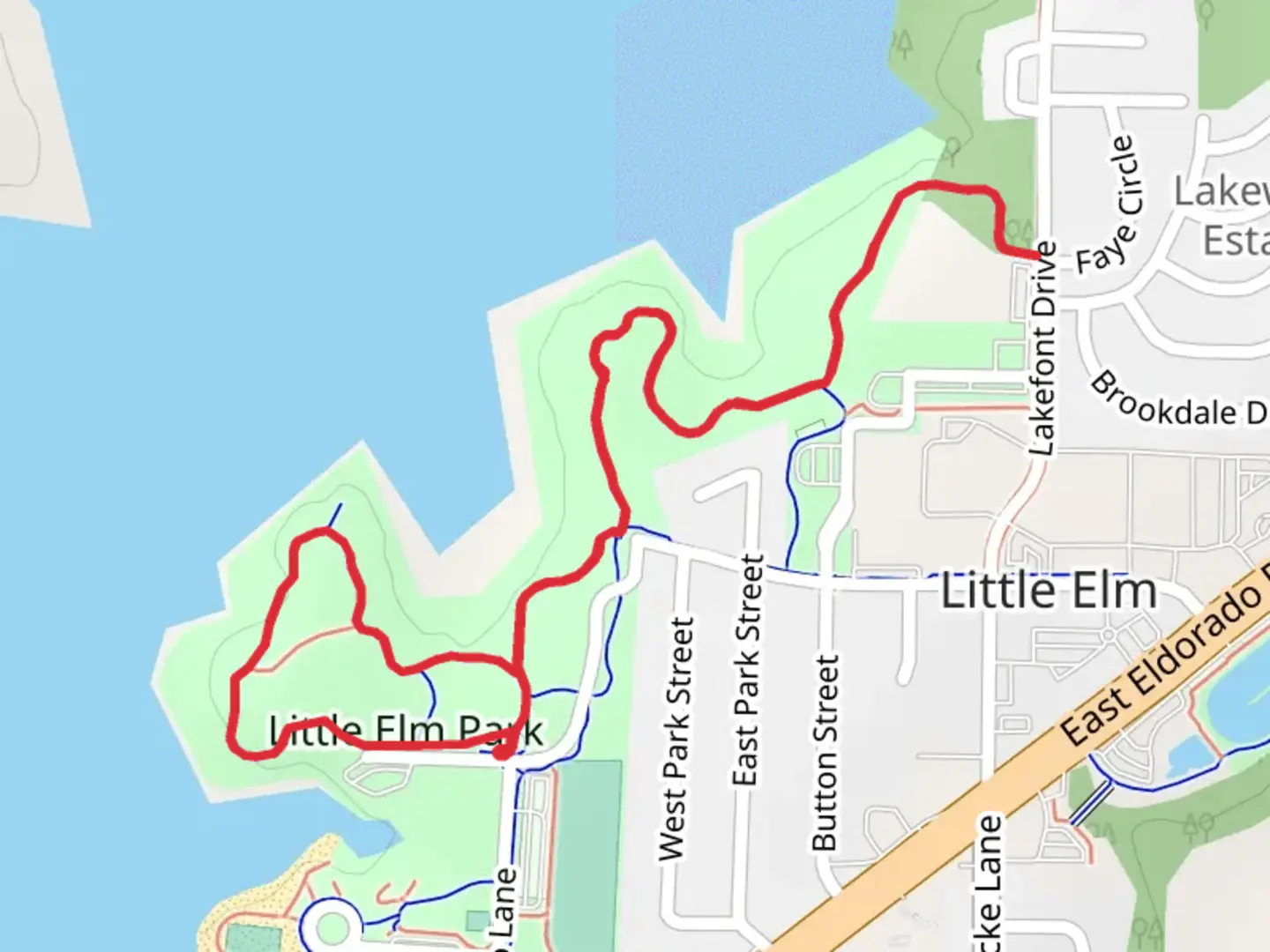 An image depicting the trail Little Elm Recreation Center Loop and its surrounding area.