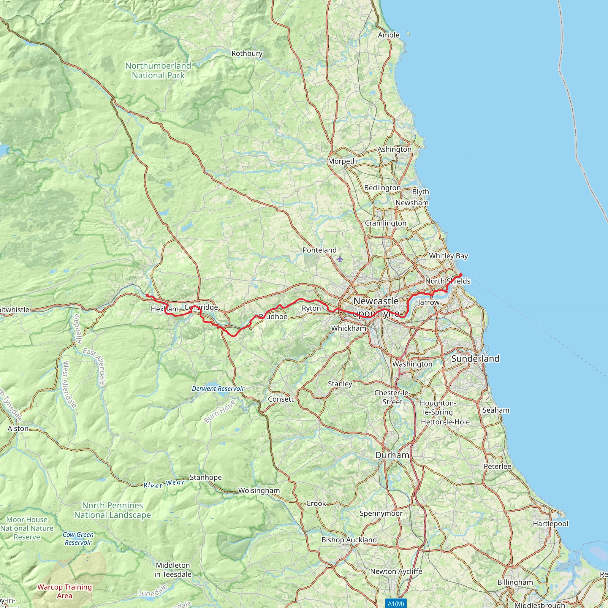 Warden to Tynemouth via River Tyne Trail mobile static map