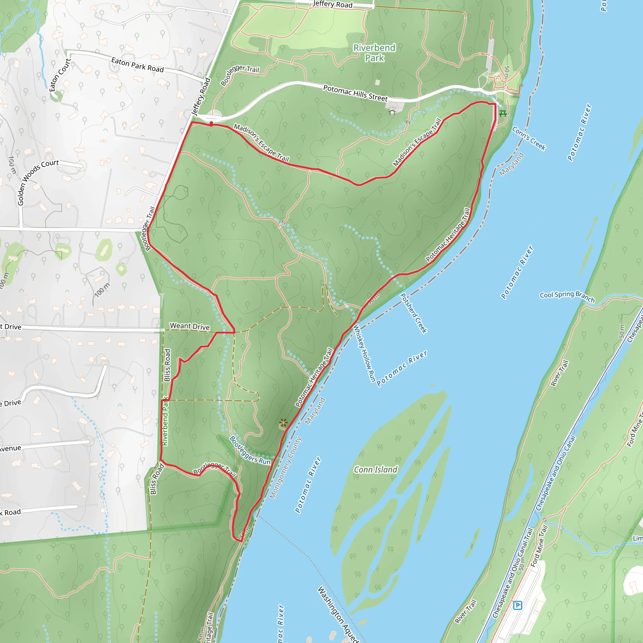 Madison's Escape Trail, Bootlegger Trail and Potomac Heritage Trail mobile static map
