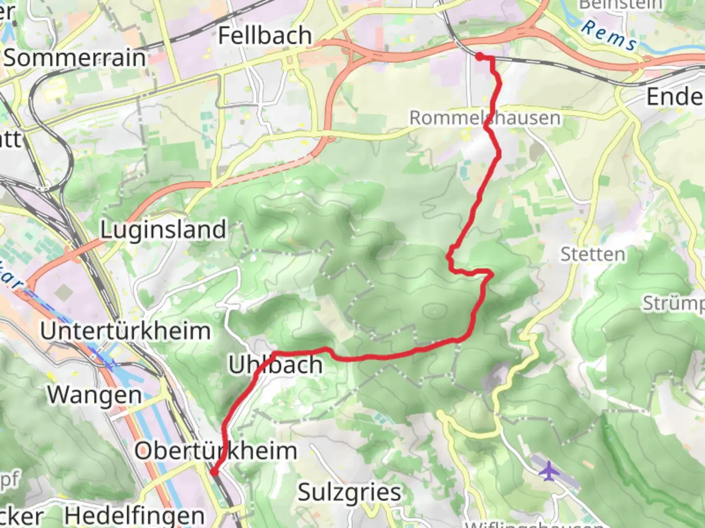 An image depicting the trail Stuttgart-Obertürkheim to Rommelshausen via Stettener Weg and its surrounding area.