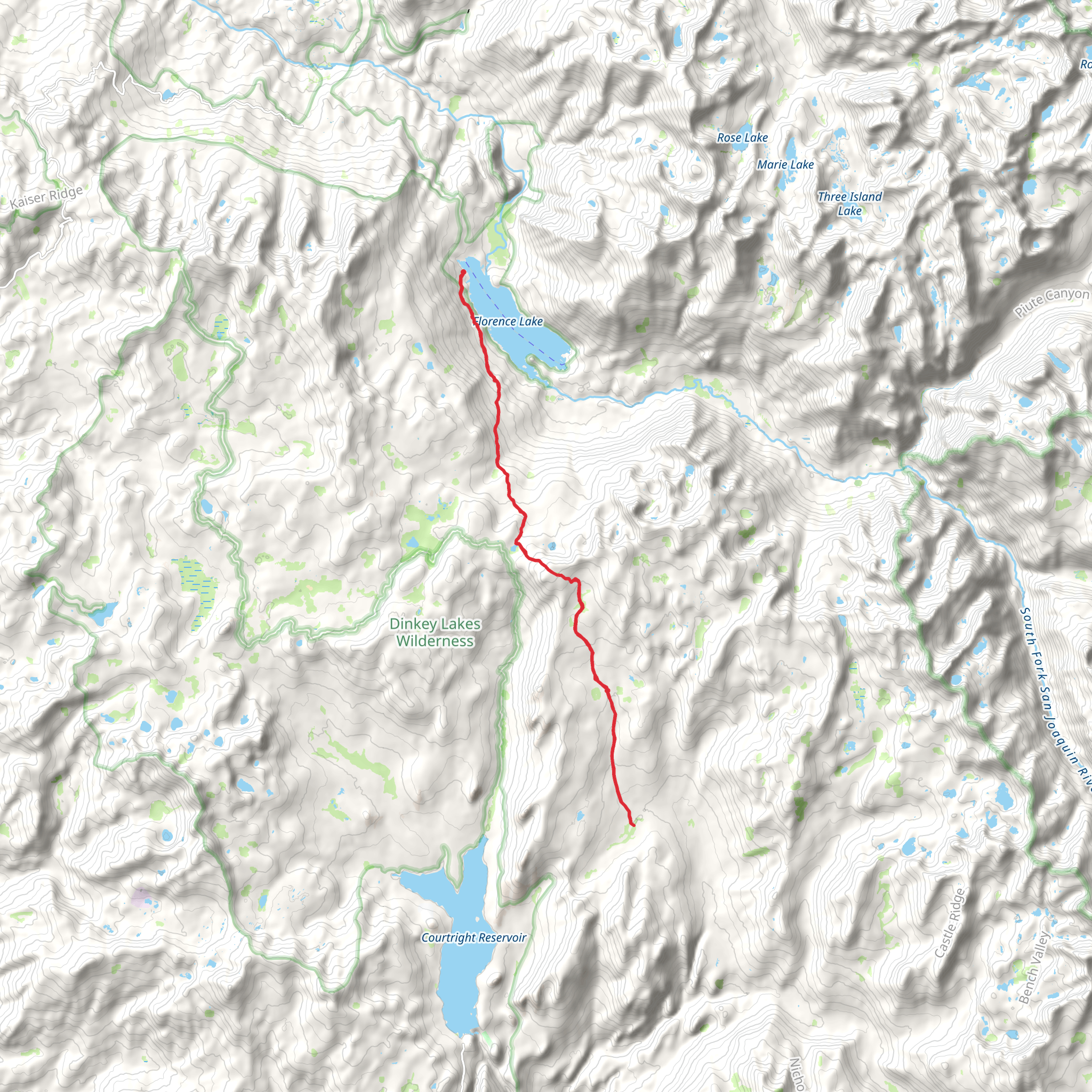 Burnt Corral via Florence Lake and Thompson Lake Trail mobile static map