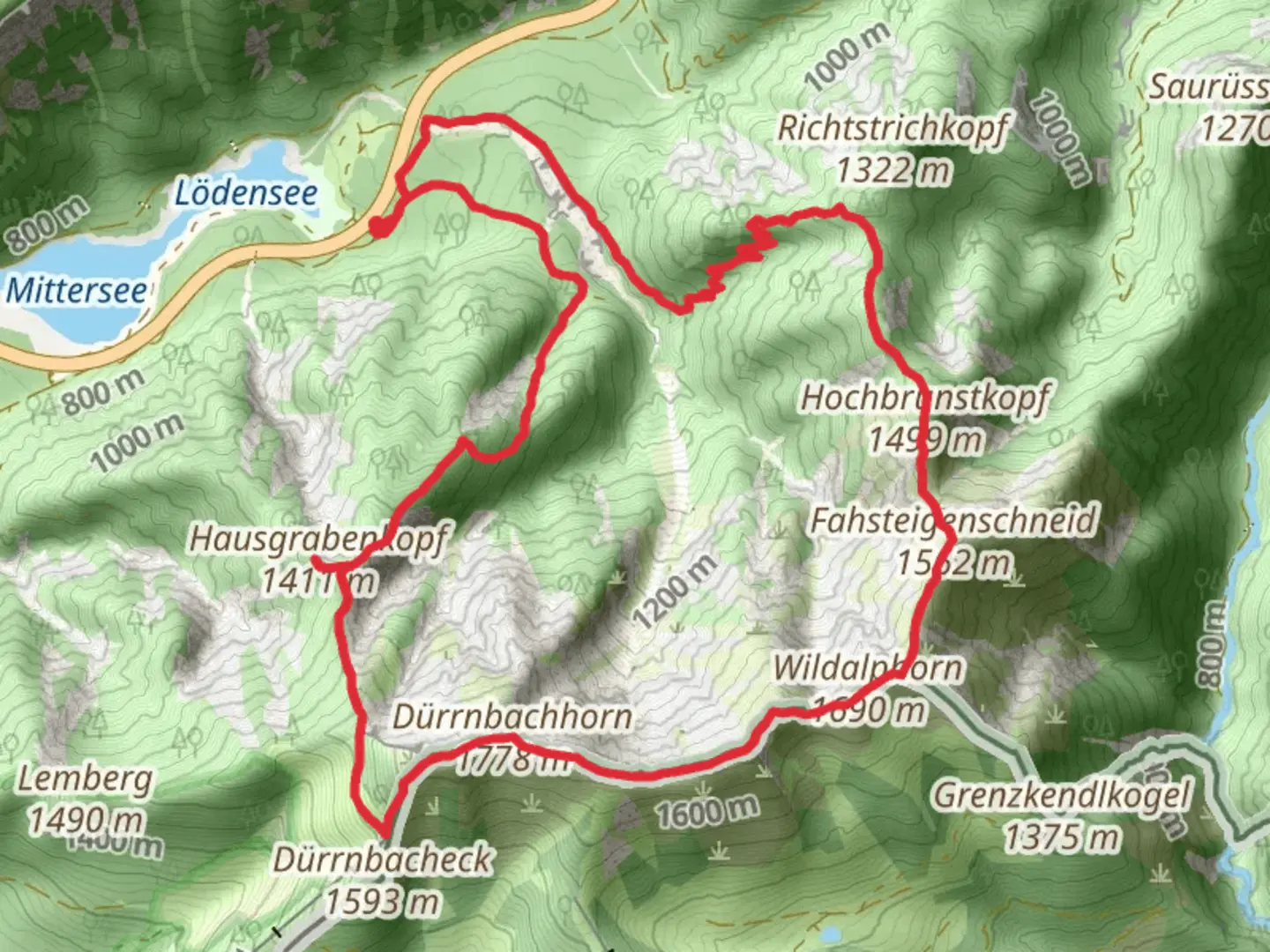 An image depicting the trail Hausgrabenkopf, Dürnbachhorn, Wildalphorn and Hochbrunstkopf Loop and its surrounding area.
