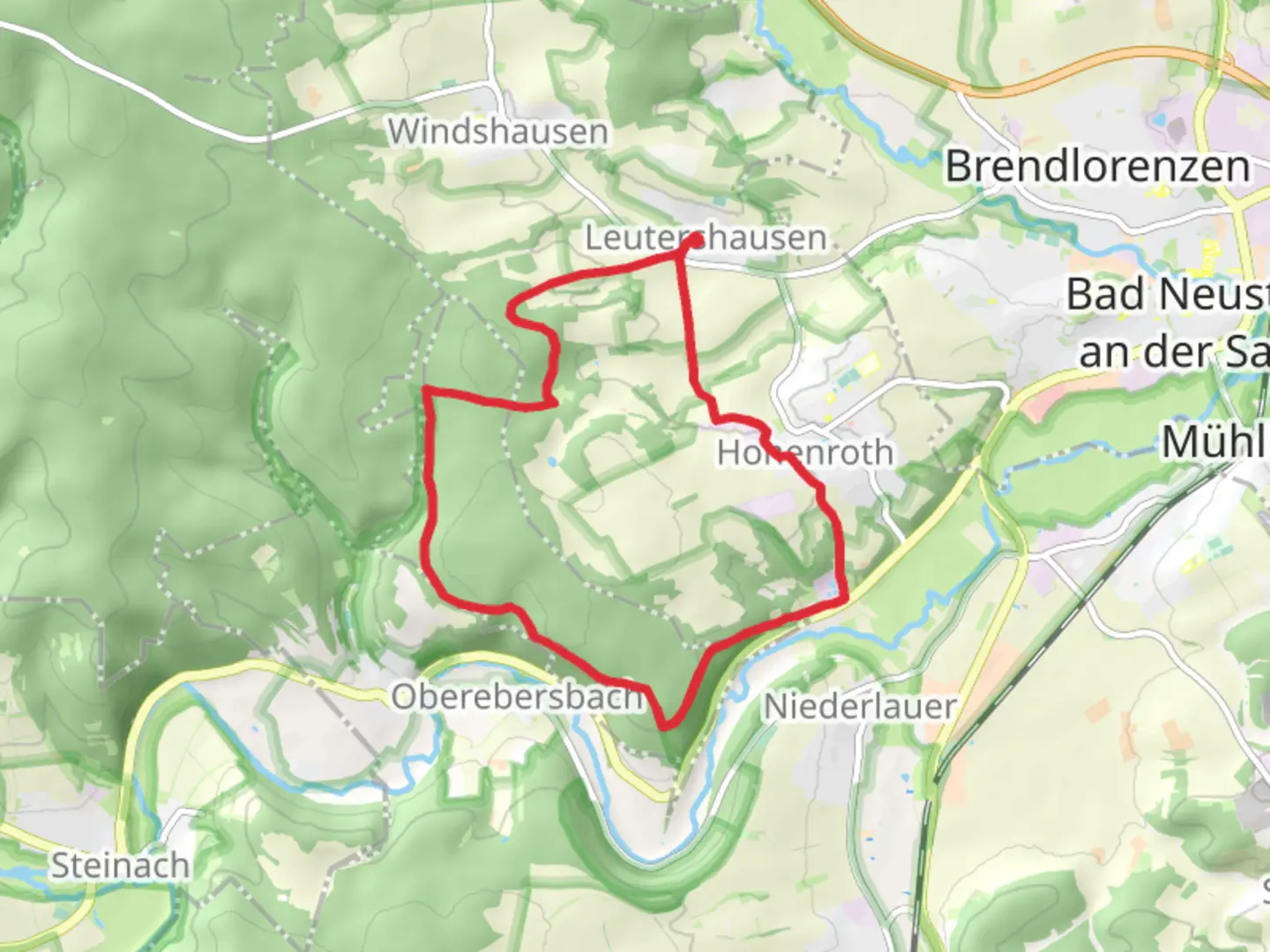 An image depicting the trail Rhoen Rundweg Hohenroth and Fraenkischer Marienweg and its surrounding area.