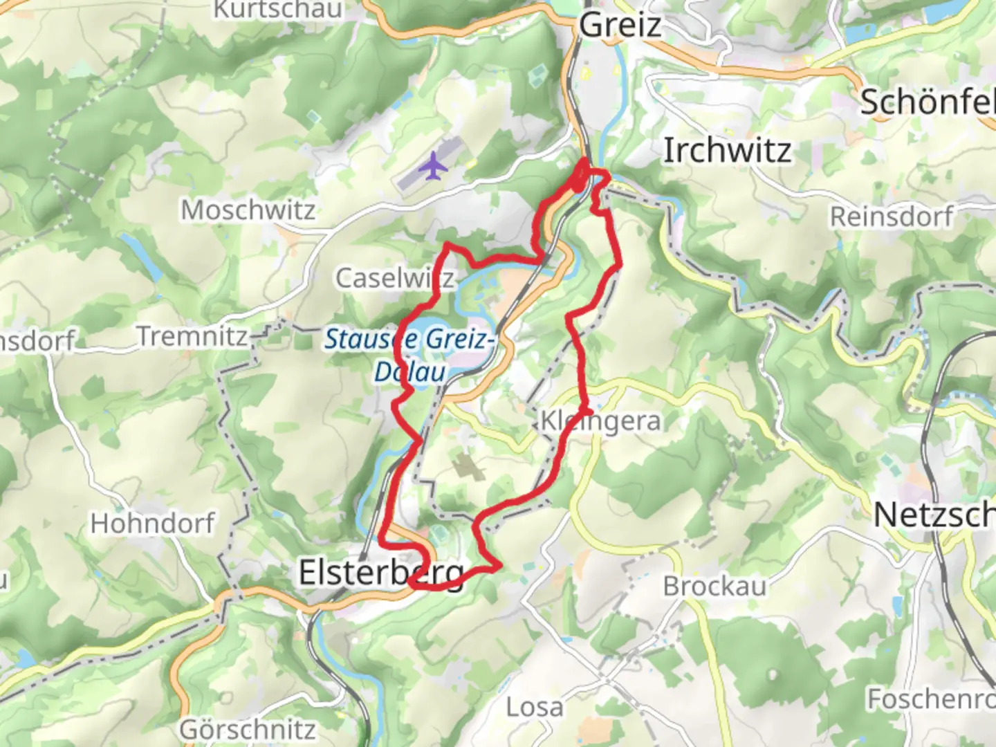 An image depicting the trail Stausee Greiz Doelau via Vogtland Weg and its surrounding area.