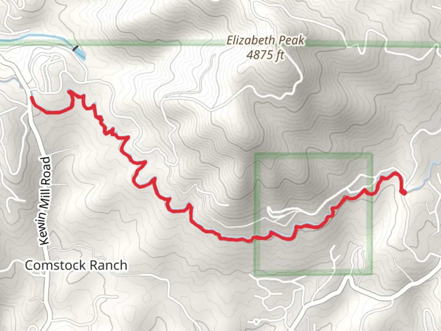 An image depicting the trail Main Tuolumne Ditch Trail from Mount Elizabeth Road and its surrounding area.