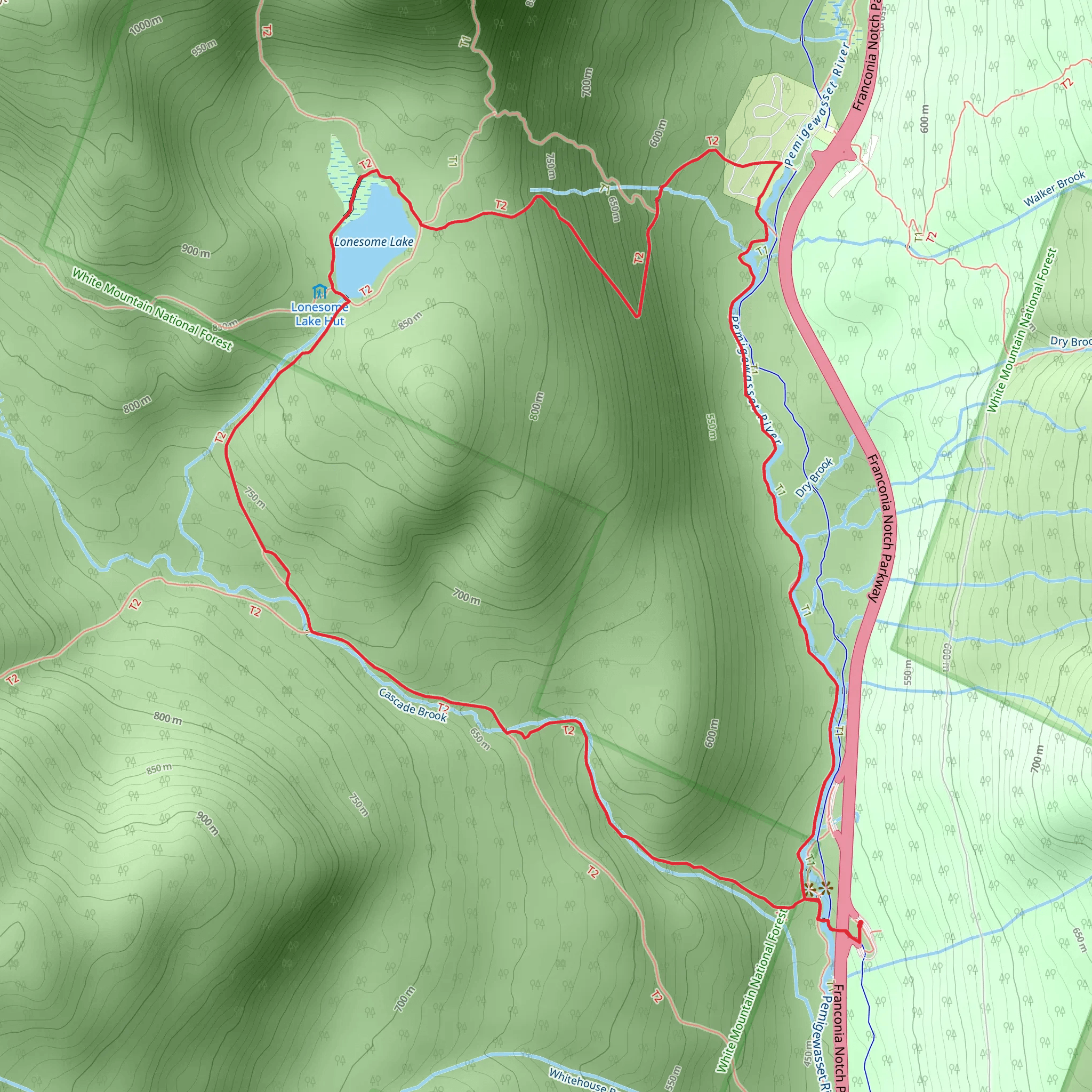 Lonesome Lake Loop via Cascade Brook Trail mobile static map