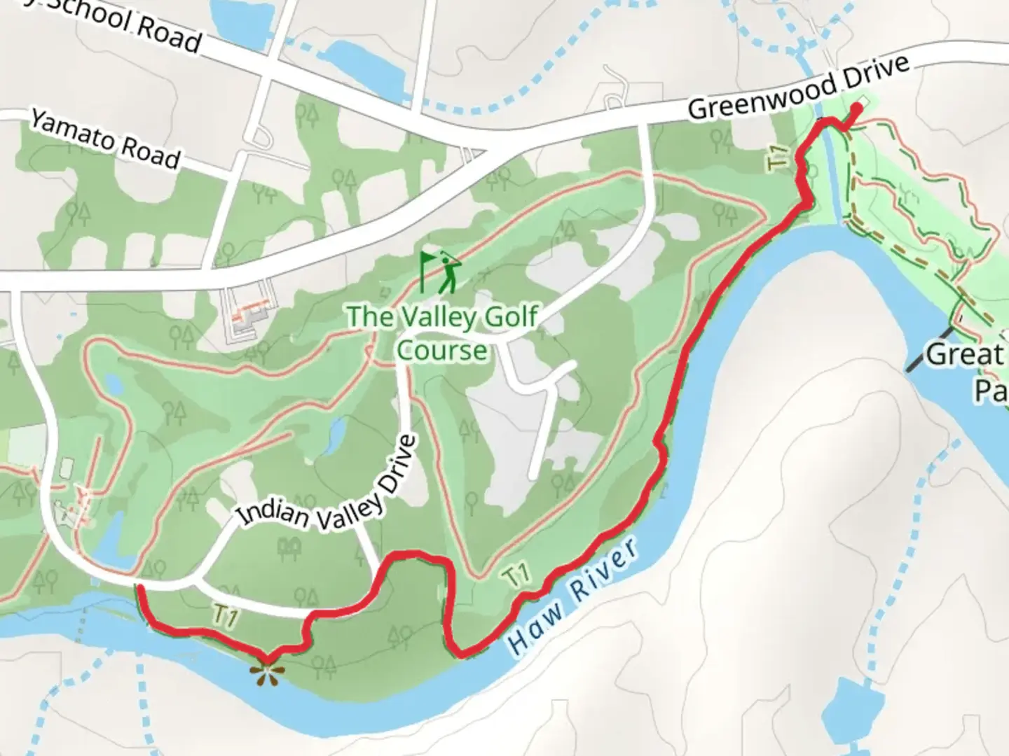 An image depicting the trail Haw River Trail from Great Bend Park and its surrounding area.