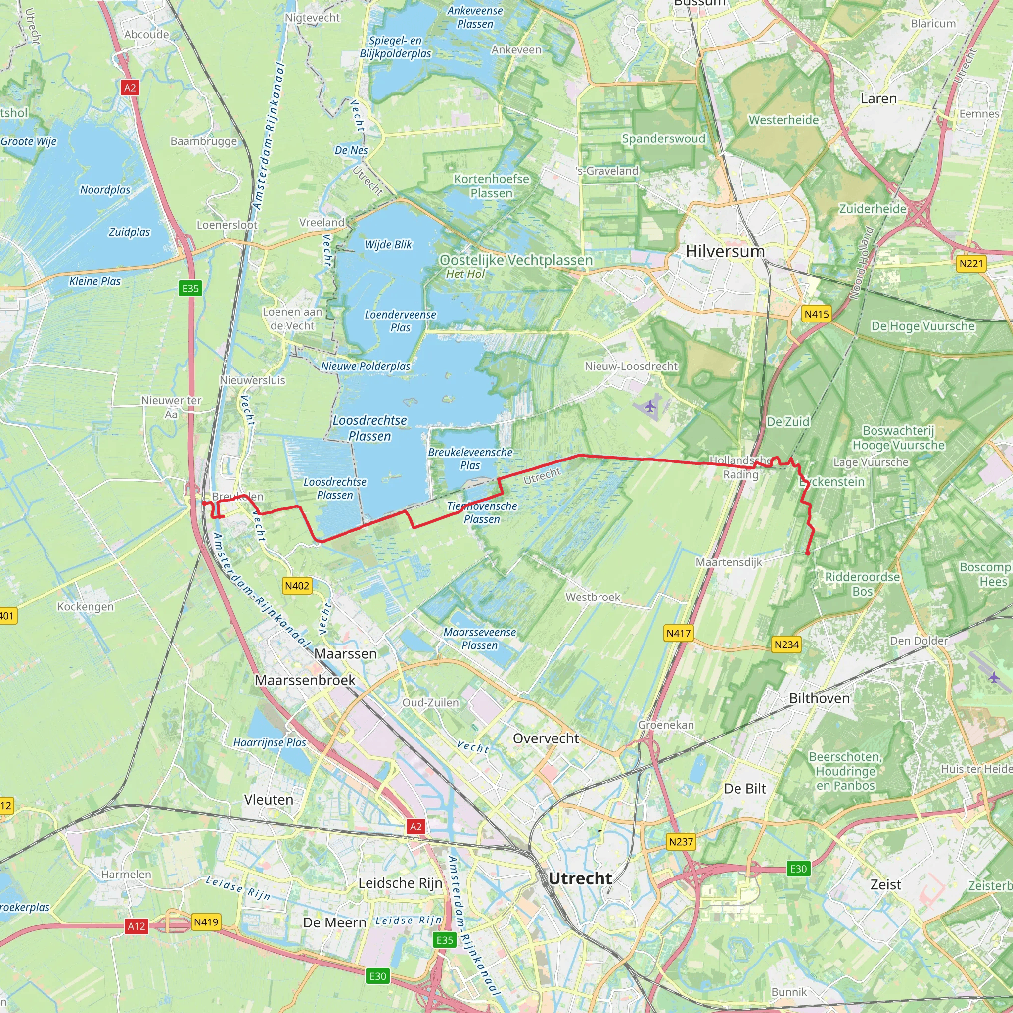 Breukelen to Mauritshoeve via Vijfde Plas and Tienhovensche Plassen mobile static map