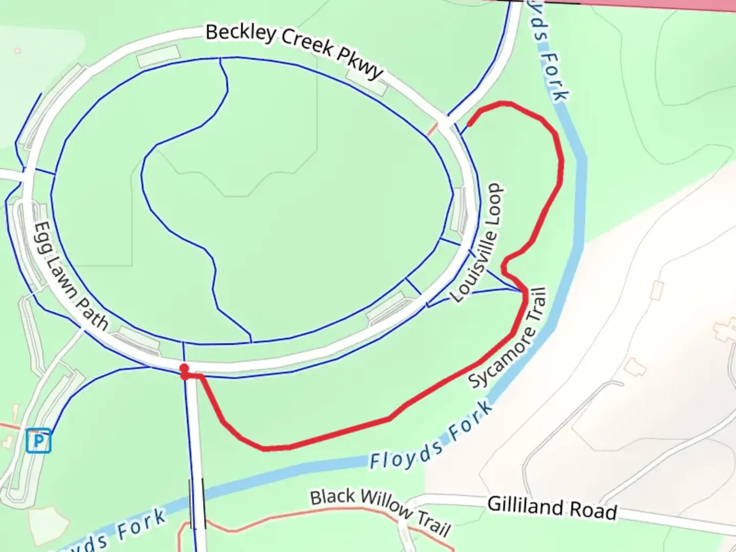 An image depicting the trail Sycamore Trail from Beckley Creek Park and its surrounding area.