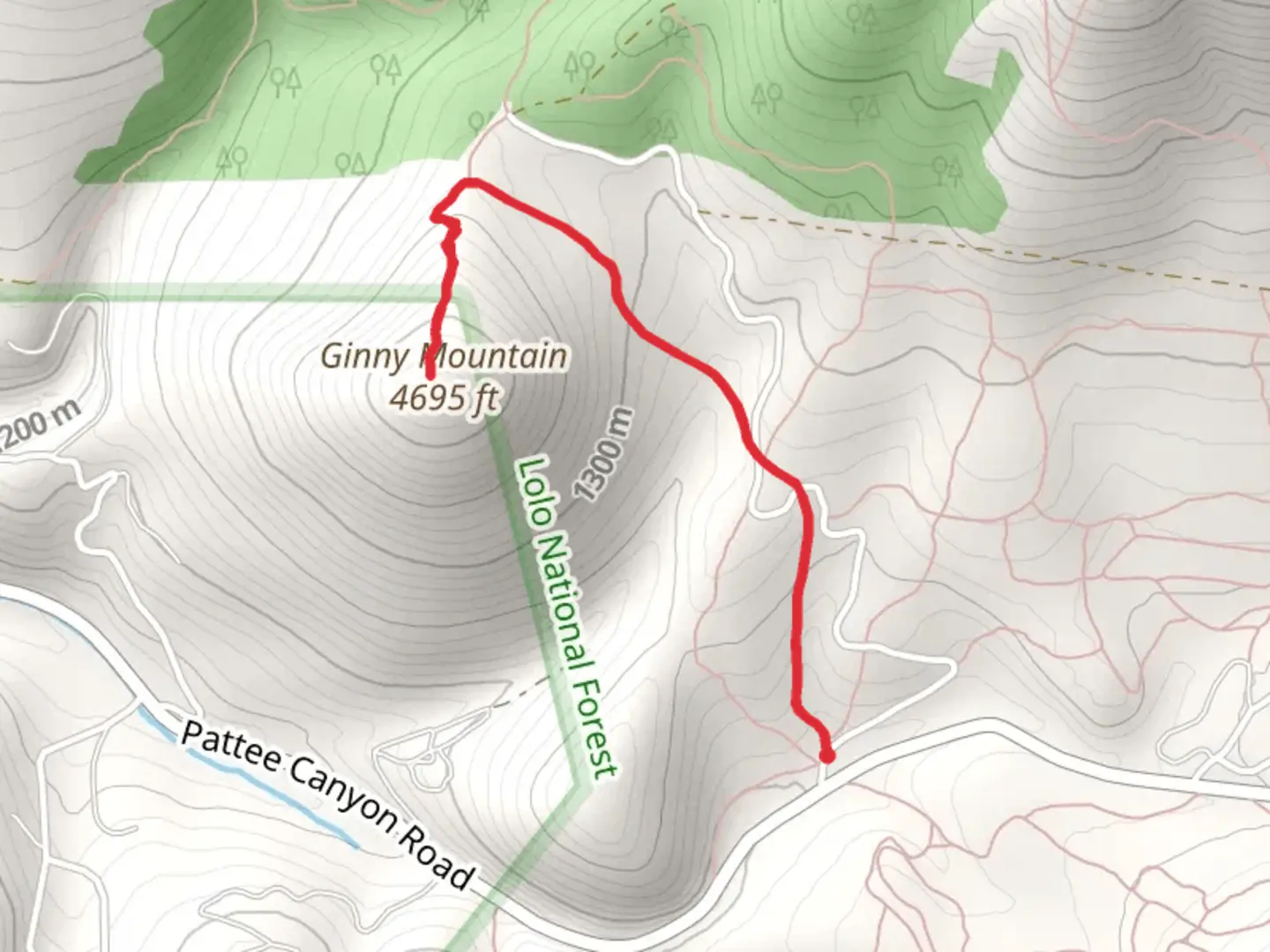An image depicting the trail Ginny Mountain from Pattee Canyon Road and its surrounding area.