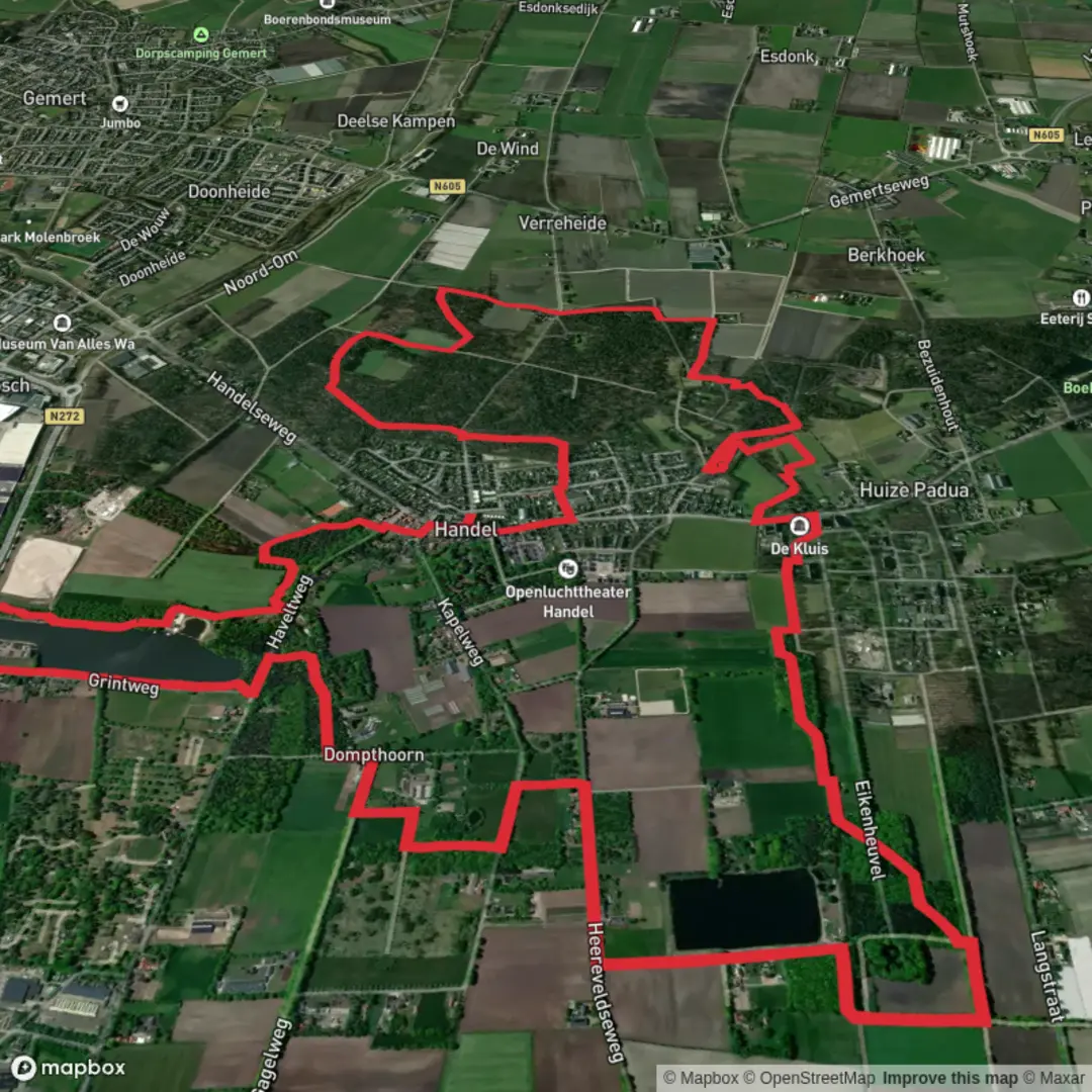 An image depicting the trail Zandwinning and De Rooije Plas Loop via Ons Kloosterpad and Havelt Weg and its surrounding area.