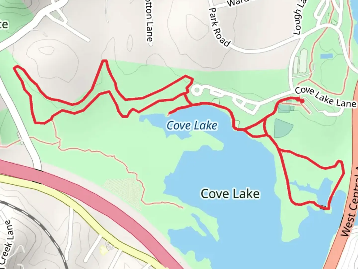 An image depicting the trail Cove Lake North Shore Loop and its surrounding area.