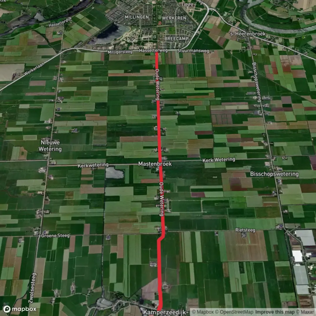 An image depicting the trail Kamperzeedijk Oost to Boxemtunnel via Oude Watering and its surrounding area.