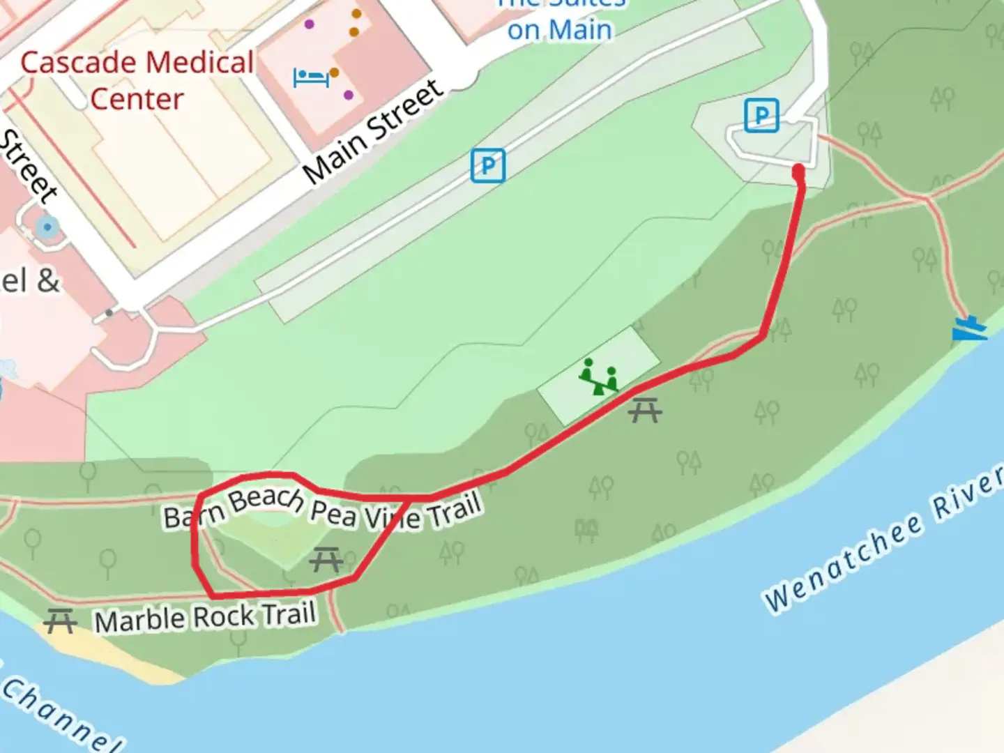 An image depicting the trail Barn Beach Pea Vine Trail and its surrounding area.