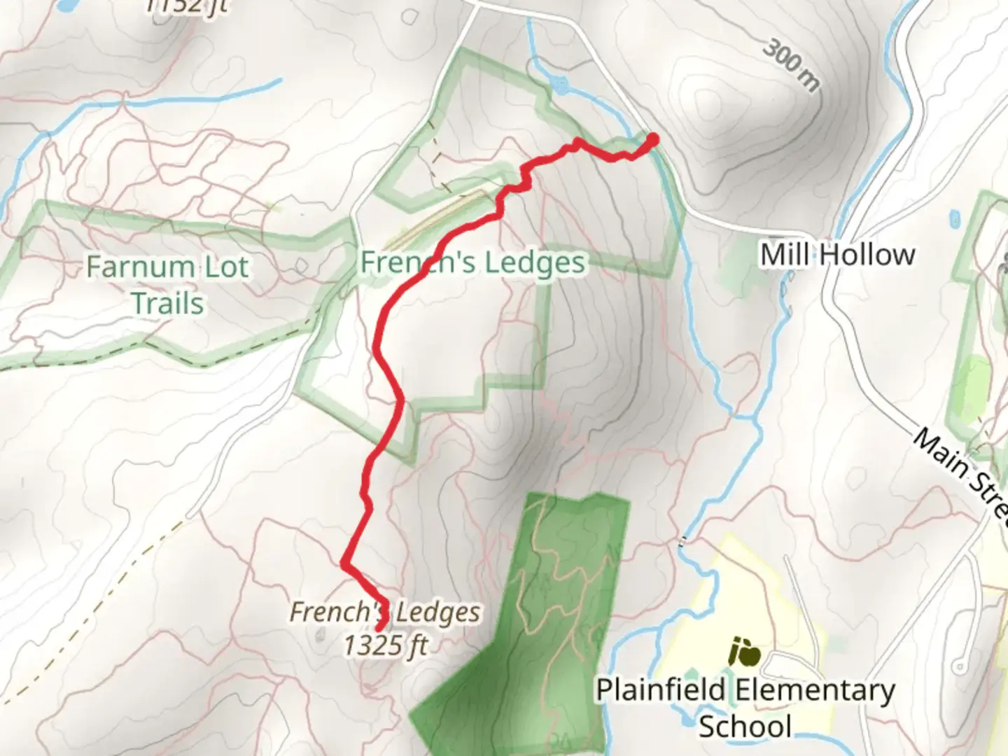 An image depicting the trail Frenchs Ledges Trail from Colby Hill Road and its surrounding area.