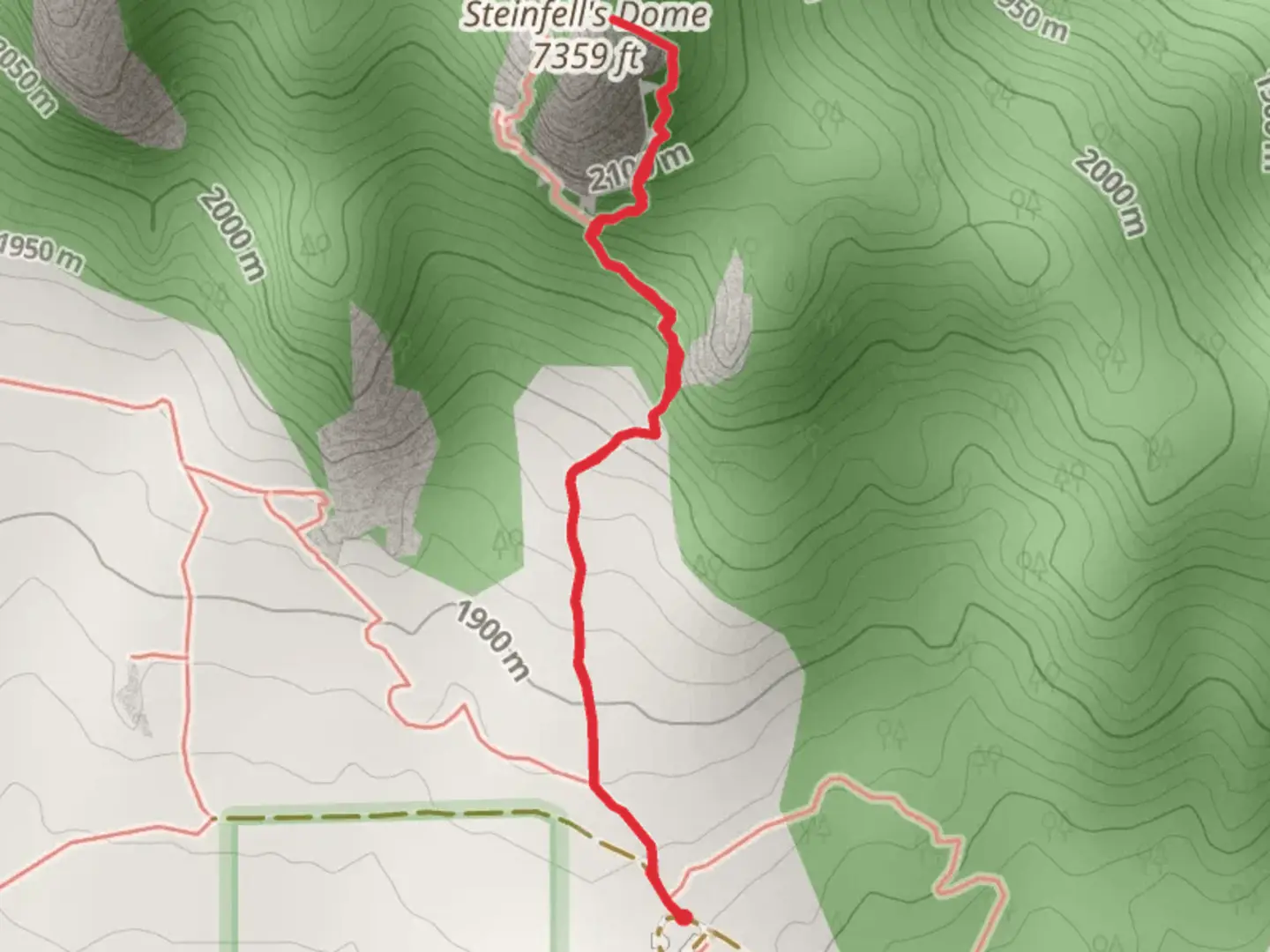 An image depicting the trail Steinfell's Dome Trail and its surrounding area.