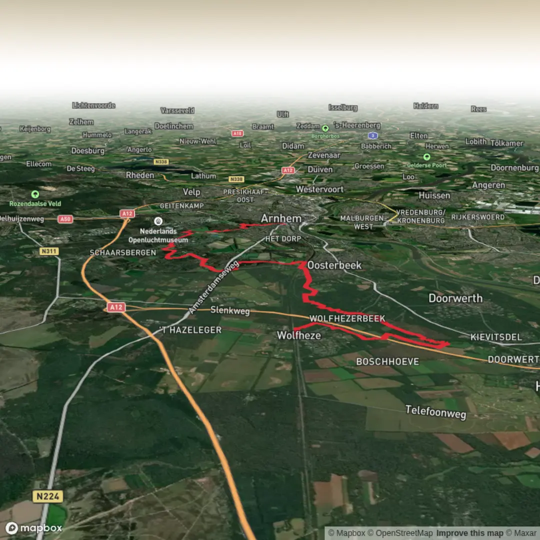 An image depicting the trail Wolfheze to Arnhem Centraal via Wolfhezerheide, Vijverberg and Gulden Bodem and its surrounding area.