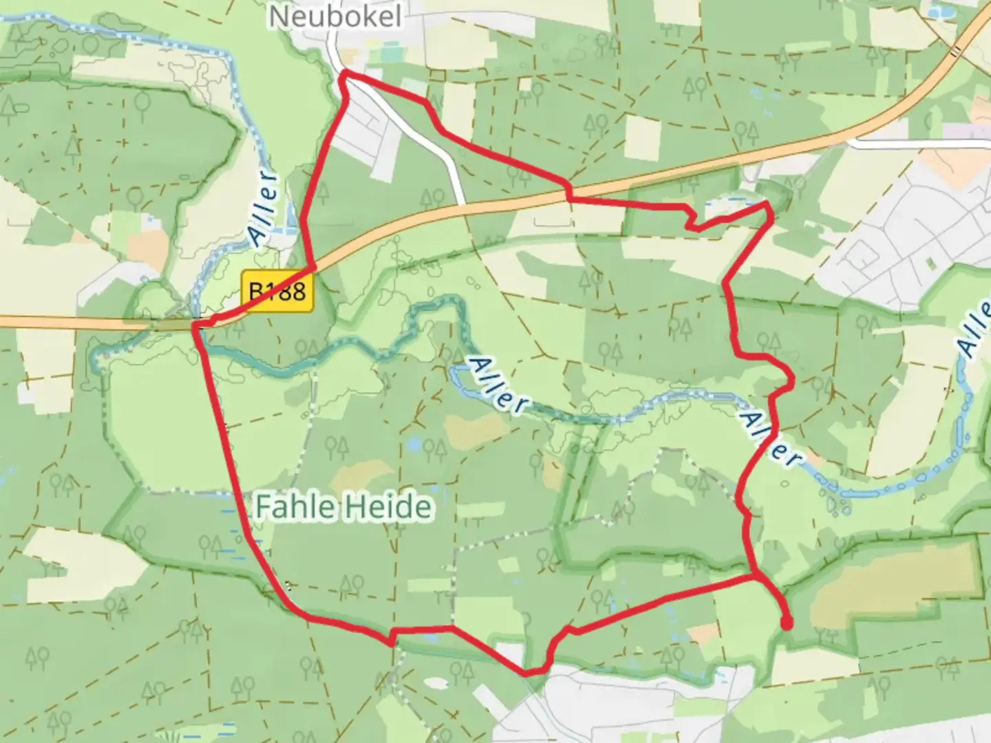 An image depicting the trail NSG Fahle Heide Loop - Neubokel and its surrounding area.