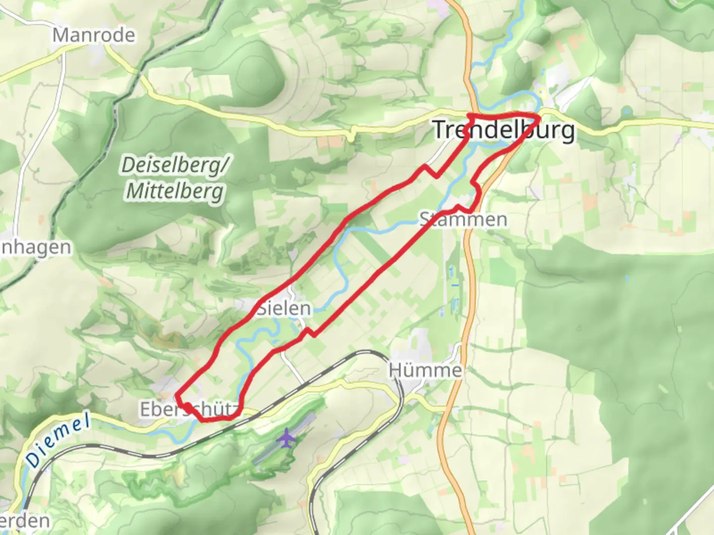 An image depicting the trail Flutgraben and Diemel via Hans Schmidt Weg and its surrounding area.