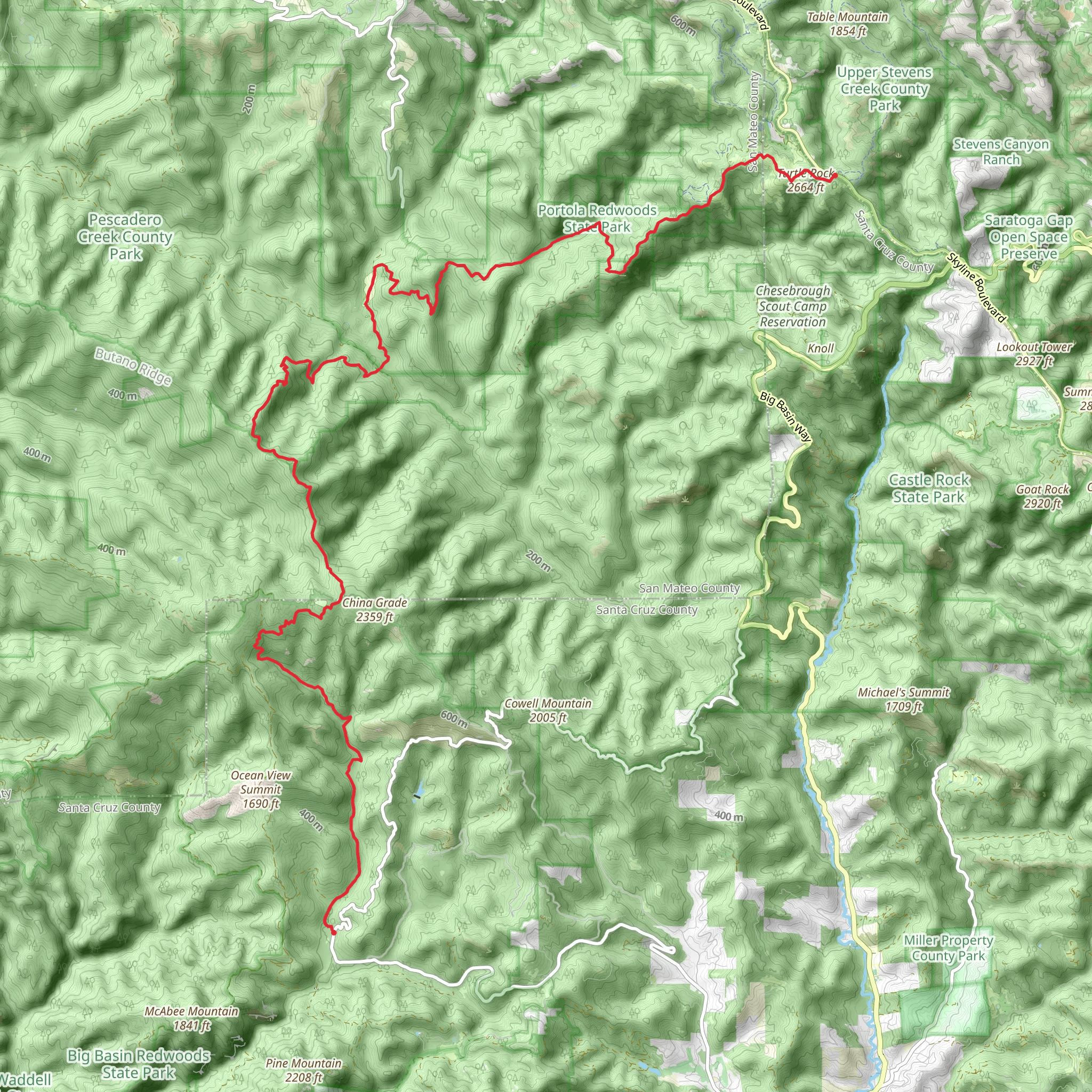 Skyline to Big Basin mobile static map