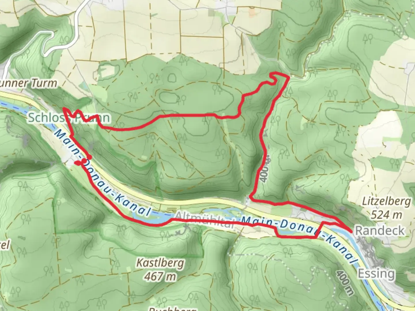 An image depicting the trail Main Donau Kanal via Rundweg Essing 3 and its surrounding area.