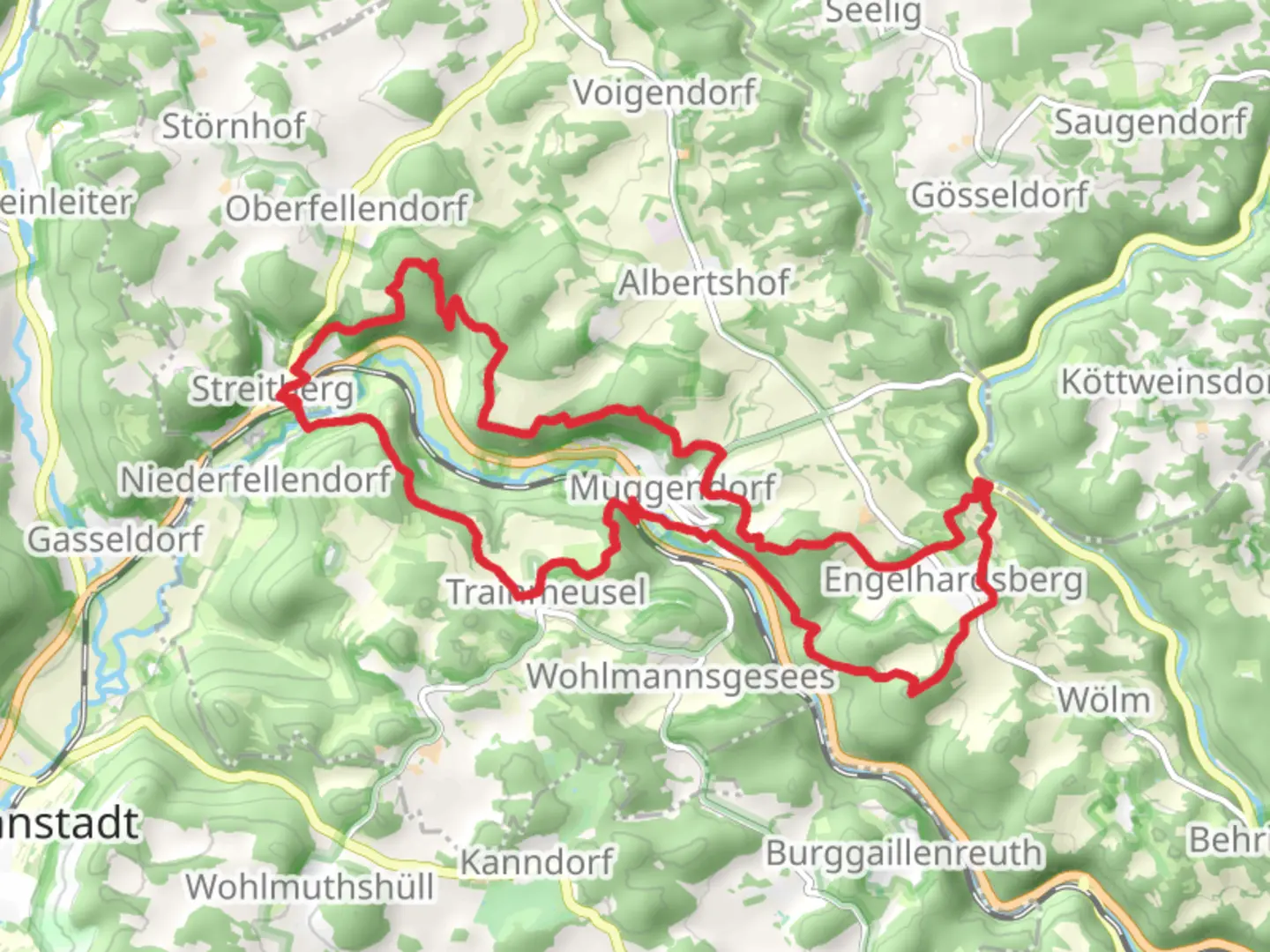 An image depicting the trail Brocksfels, Rosenmullerhohle, Rottelfelsen, Adlerstein and Ruine Neideck Loop and its surrounding area.
