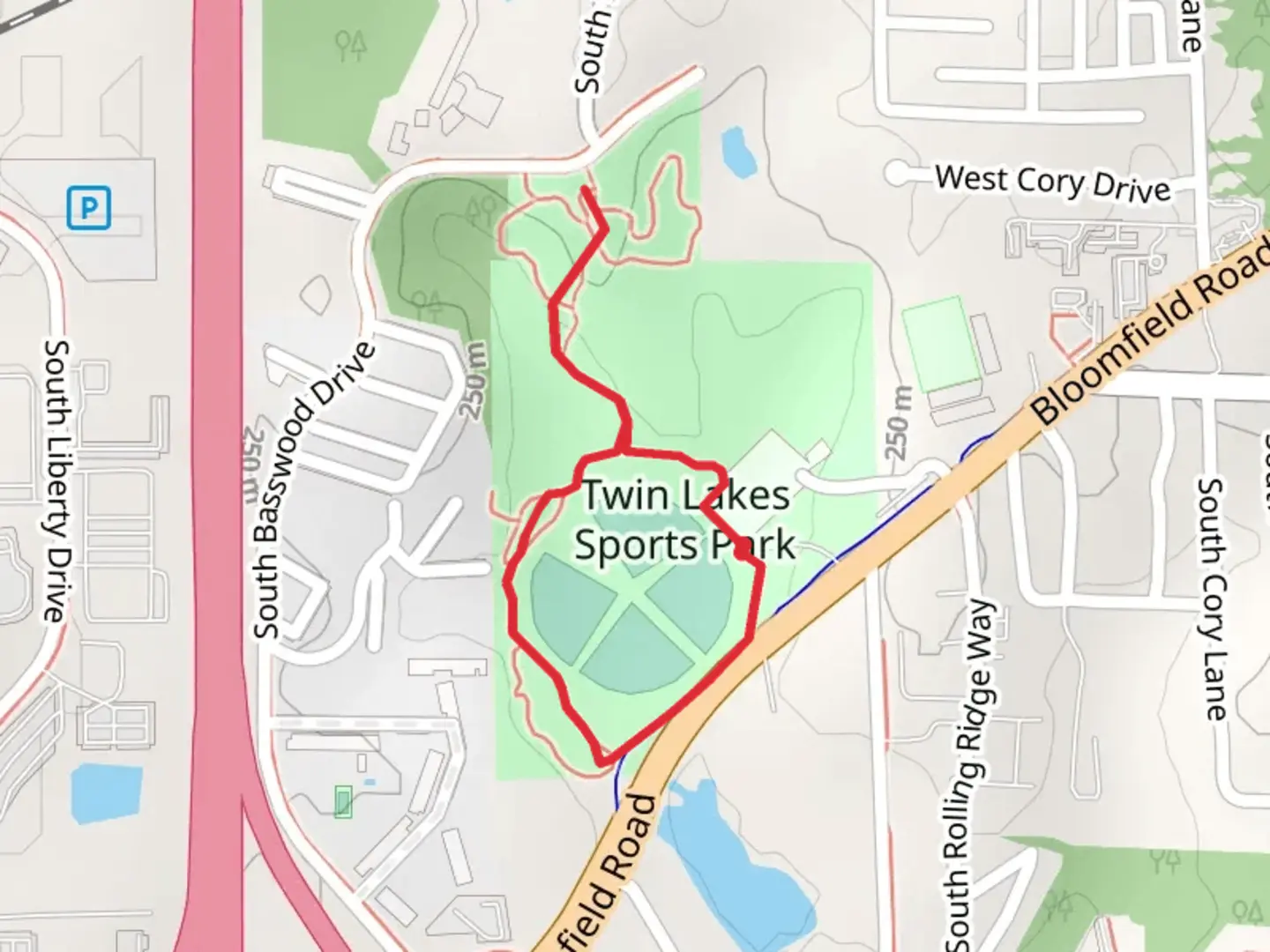 An image depicting the trail Twin Lakes Sports Park Loop and its surrounding area.