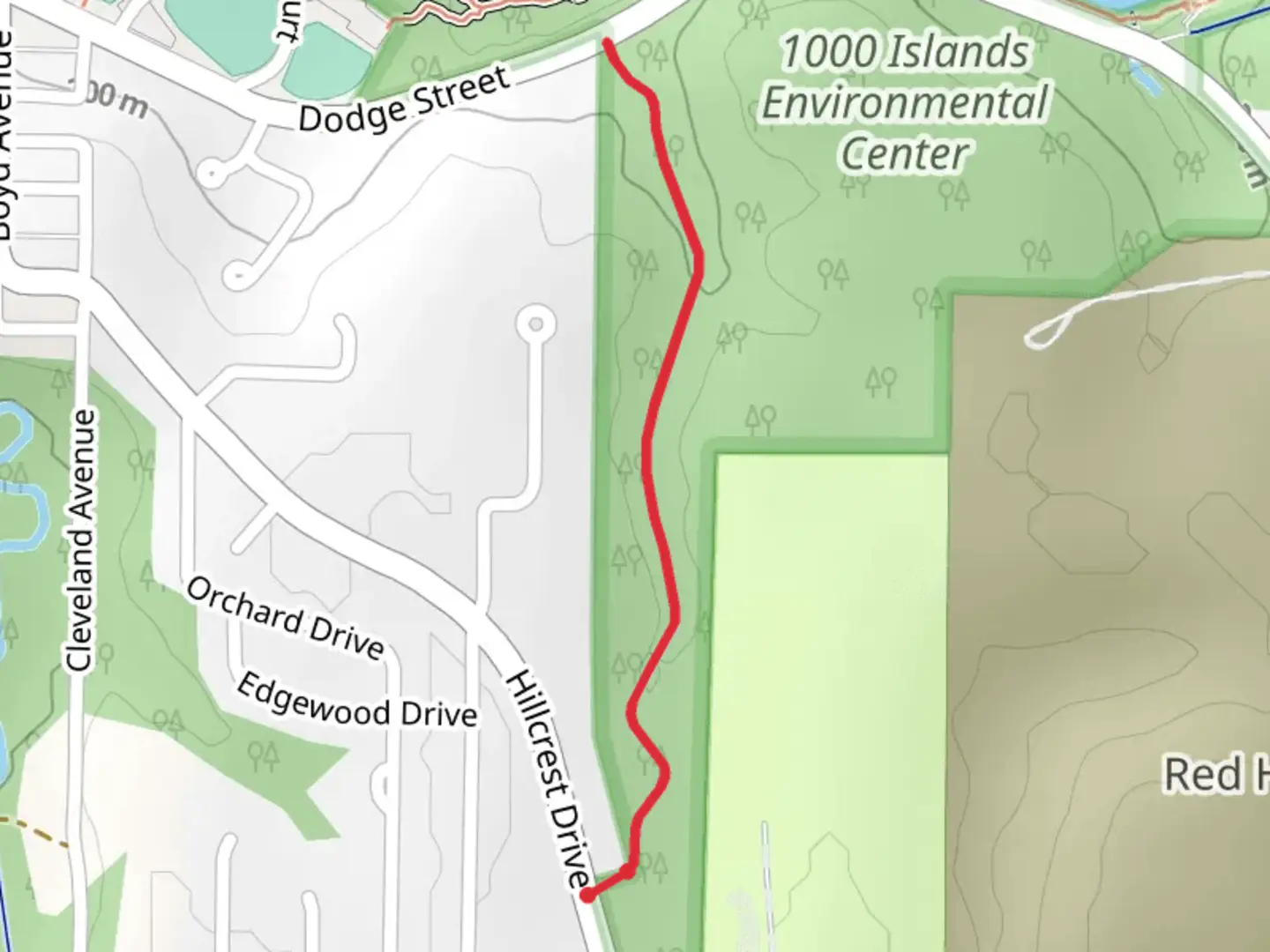 An image depicting the trail Hillcrest Drive Out and Back and its surrounding area.