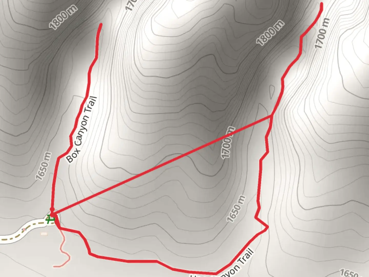 An image depicting the trail Box Canyon and Hog Canyon Trail and its surrounding area.