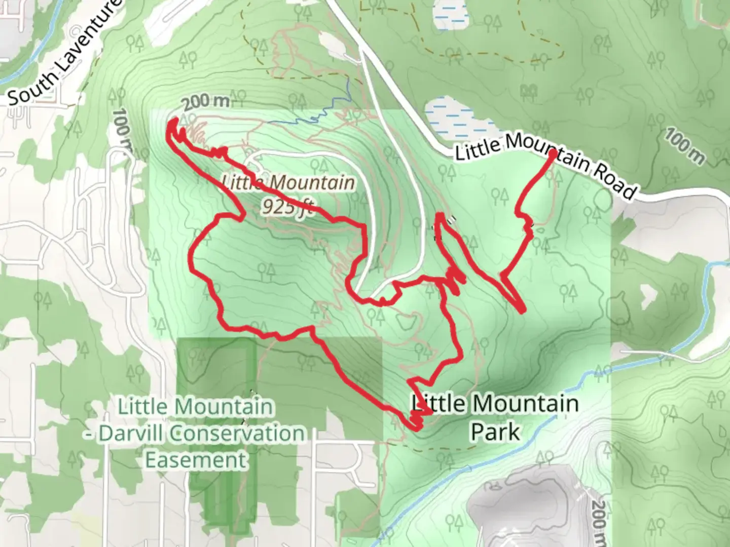 An image depicting the trail Little Mountain via West Loop and Taylor's Trail and its surrounding area.