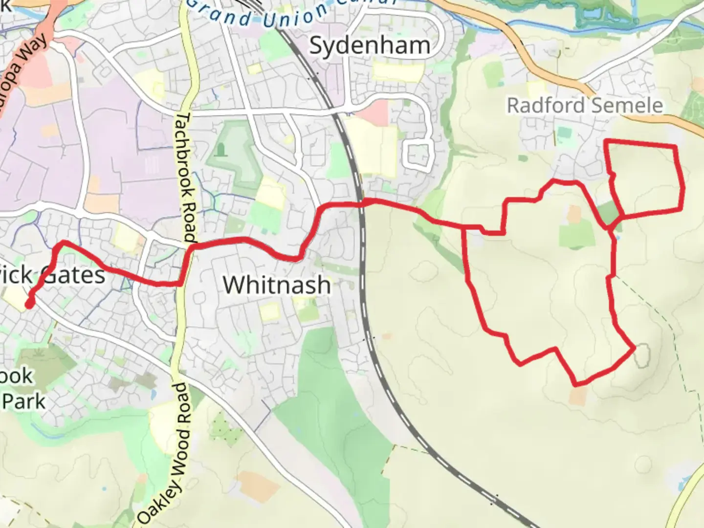 An image depicting the trail Crown Hill and Radford Semele Country Park from Heathcote and its surrounding area.