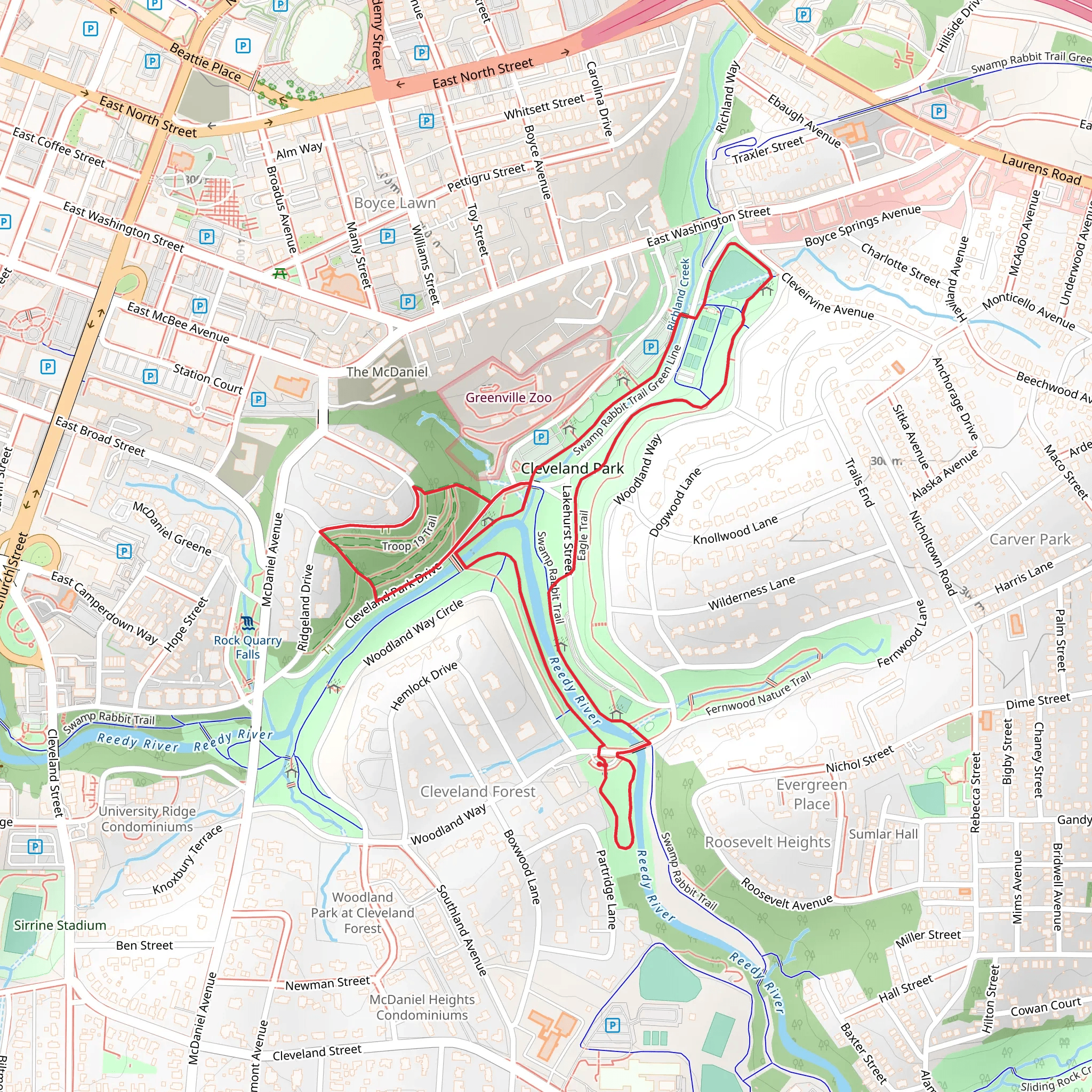 Cleveland Park Loop via Troop 19 Trail and Swamp Rabbit Trail mobile static map