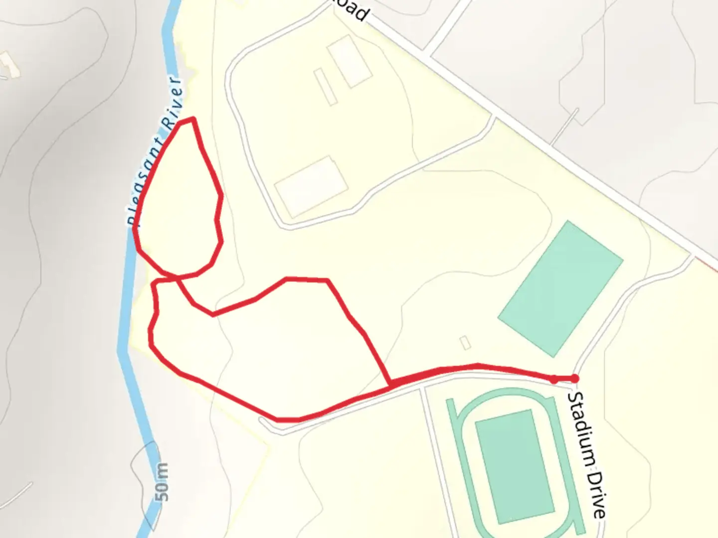 An image depicting the trail Pleasant River from Stadium Drive and its surrounding area.